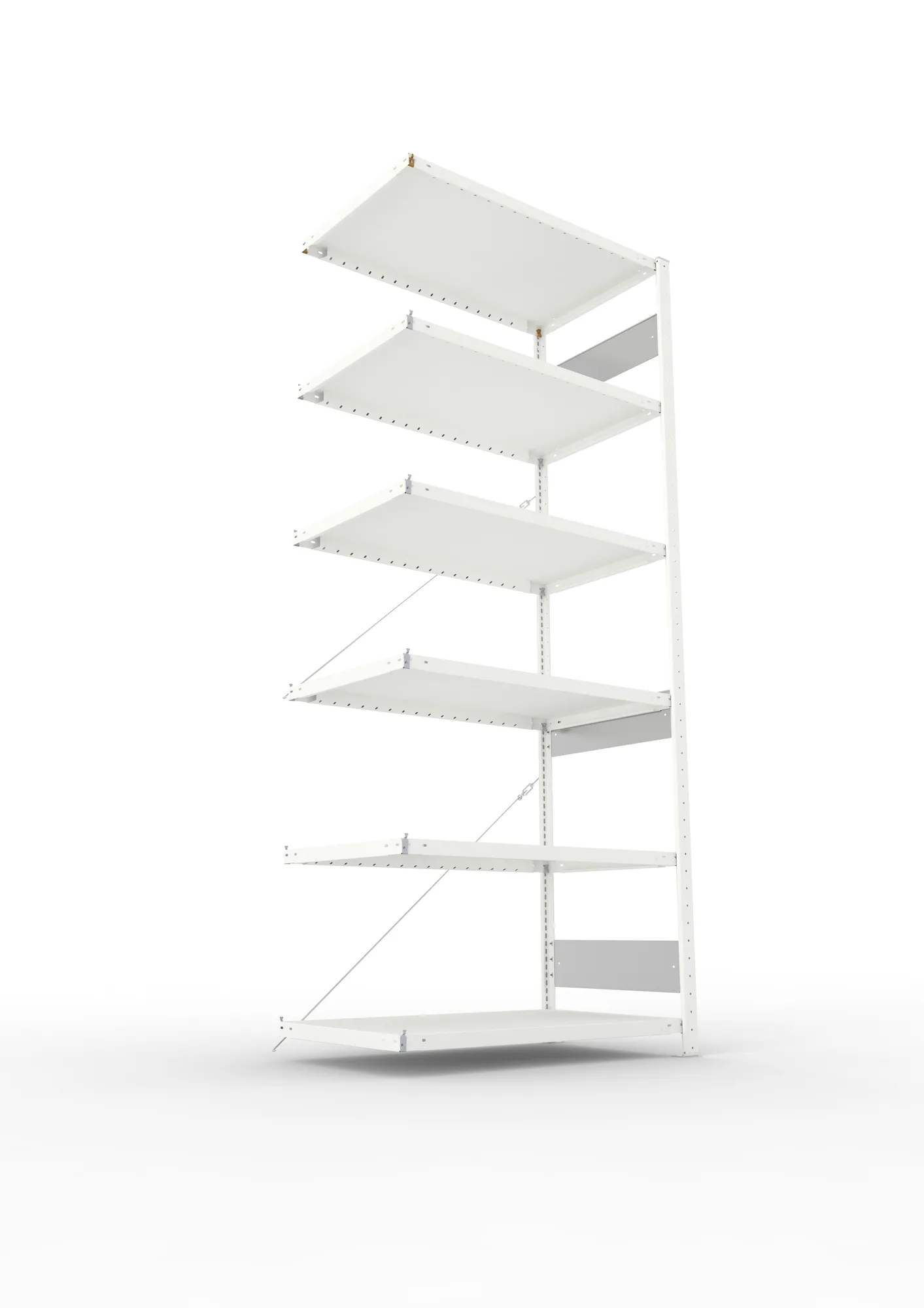 META CLIP S3, Fachbodenregal, Anbauregal, 2500 x 1000 x 600 mm, Fachlast 230 kg, 6 Ebenen, RAL 7035 – Ansicht von unten