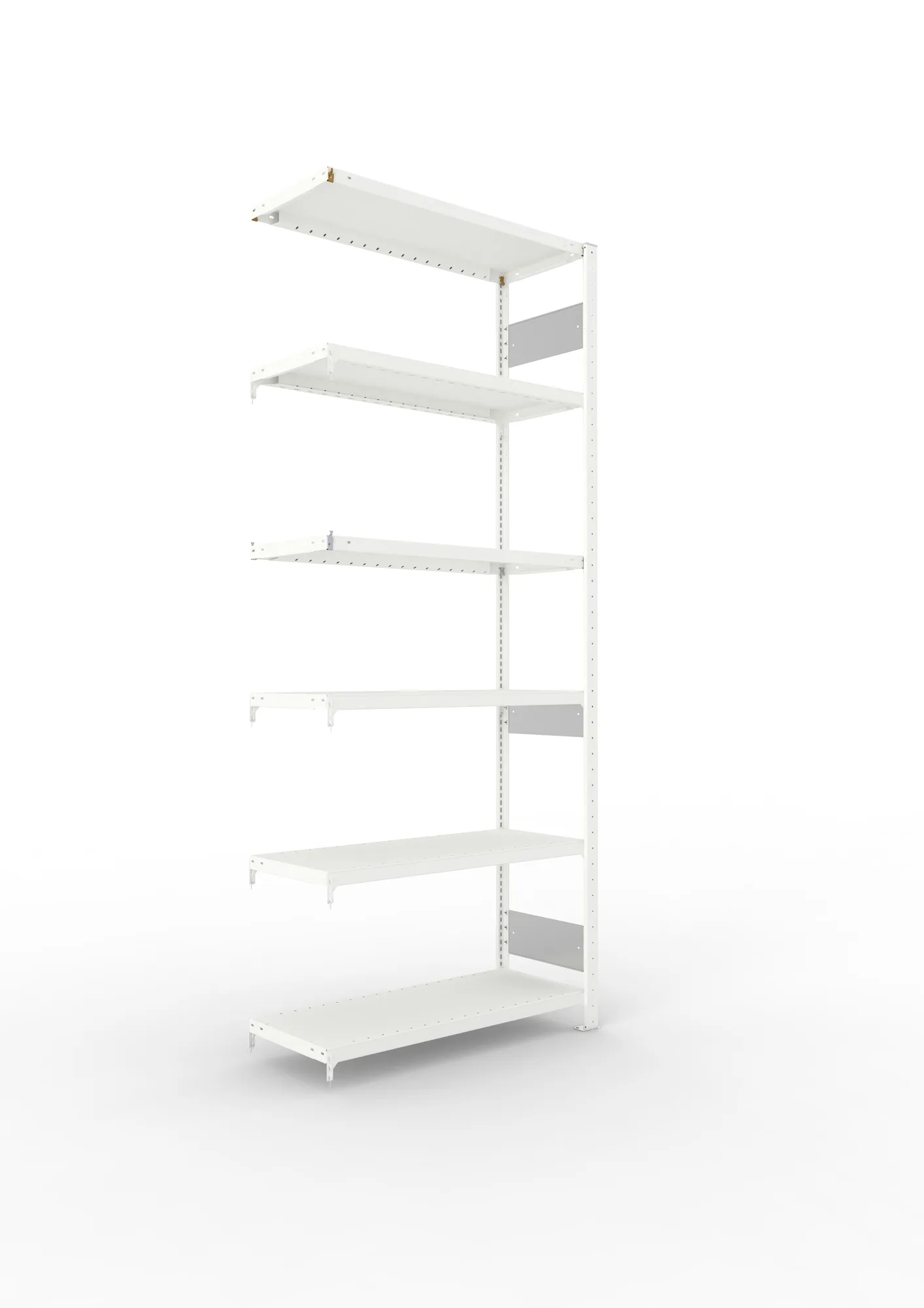 META CLIP S3, Fachbodenregal, Anbauregal, 2500 x 1000 x 400 mm, Fachlast 230 kg, 6 Ebenen, Längsriegel, RAL 7035 – Ansicht in Blickhöhe