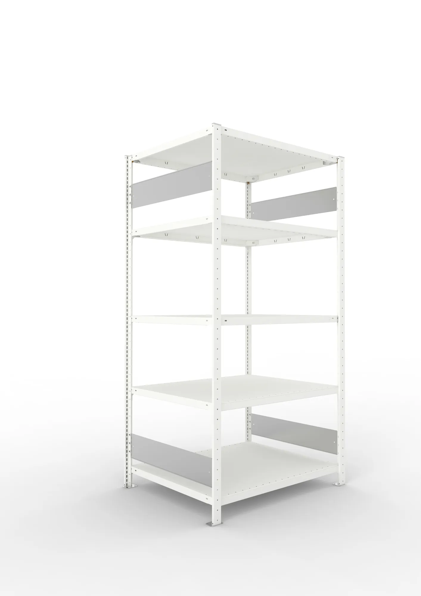 META CLIP S3, Fachbodenregal, Grundregal, 2000 x 1000 x 800 mm, Fachlast 230 kg, 5 Ebenen, Längsriegel, RAL 7035 – Ansicht in Blickhöhe