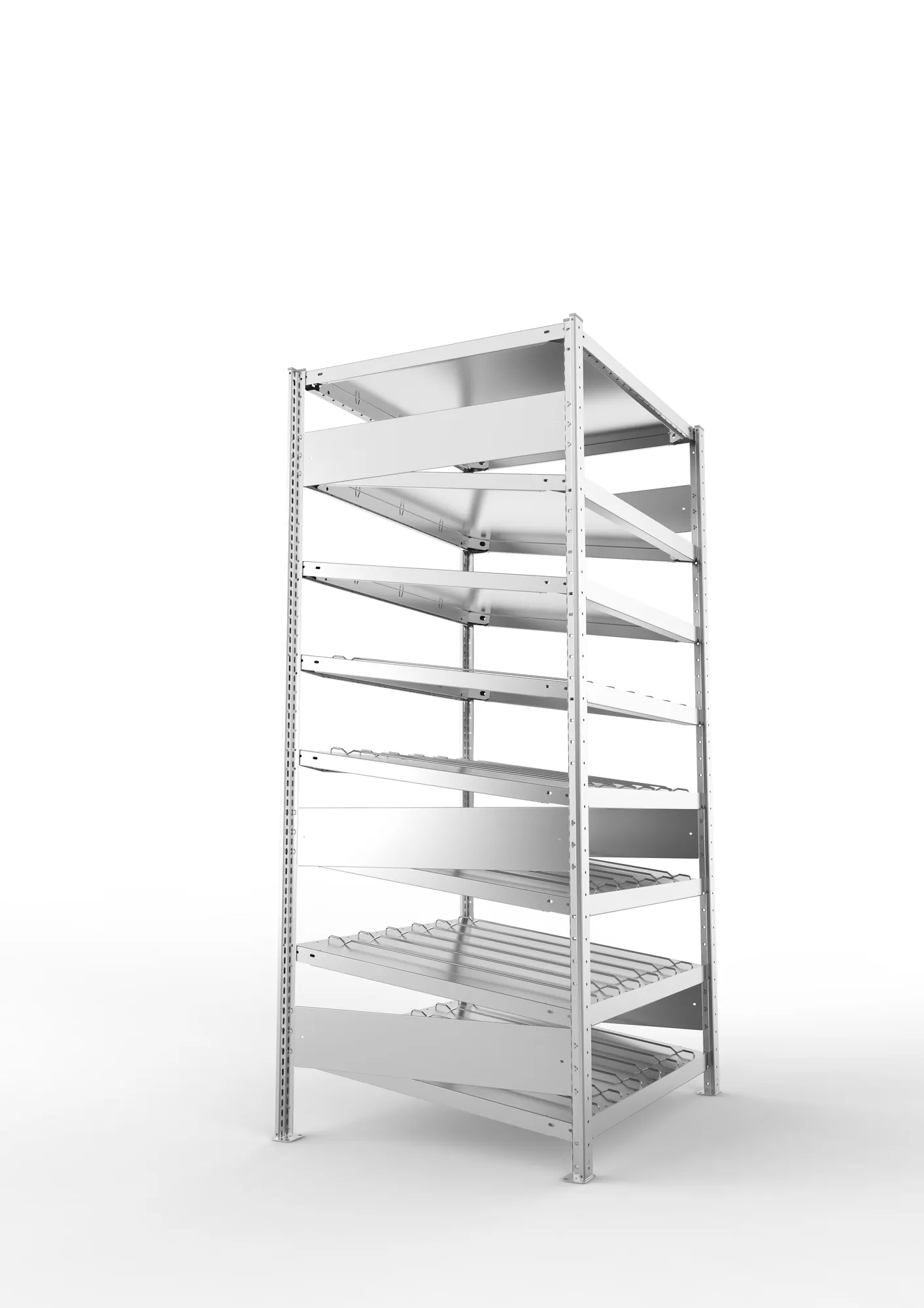 META CLIP S3, Schrägbodenregal, Grundregal, 2000 x 1000 x 800 mm, Fachlast 230 kg, 8 Ebenen, verzinkt – Seitenansicht