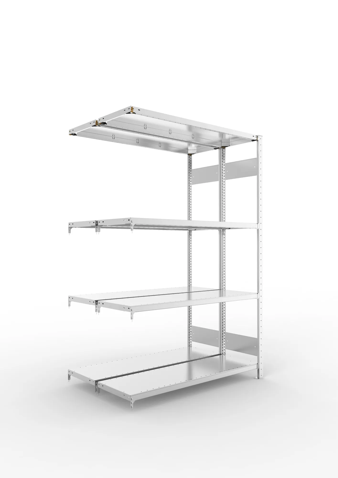 META CLIP S3, Fachbodenregal, Doppel-Anbauregal, 2000 x 1300 x 400 mm, Fachlast 230 kg, 4 Ebenen, Längsriegel, verzinkt – Ansicht in Blickhöhe