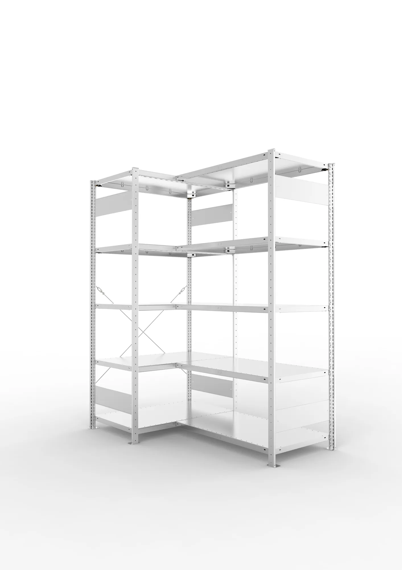 META CLIP, Eckregal, 2000 x 1000 x 600 mm, Fachlast 100 kg, 5 Ebenen, verzinkt – Ansicht in Blickhöhe