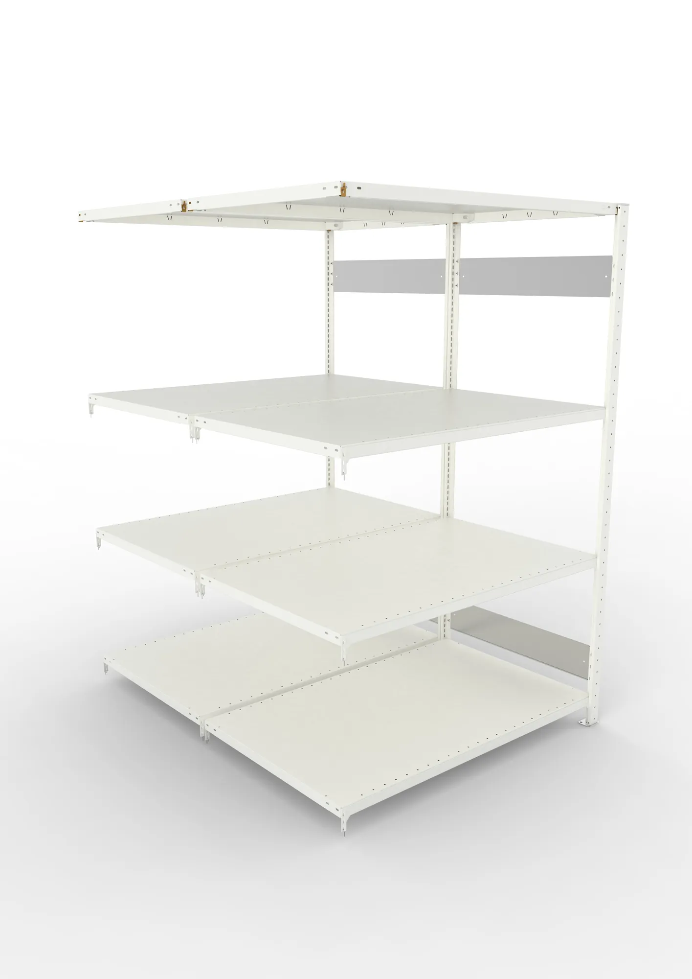 META CLIP S3, Fachbodenregal, Doppel-Anbauregal, 2000 x 1300 x 800 mm, Fachlast 230 kg, 4 Ebenen, Längsriegel, RAL 7035 – Ansicht von oben