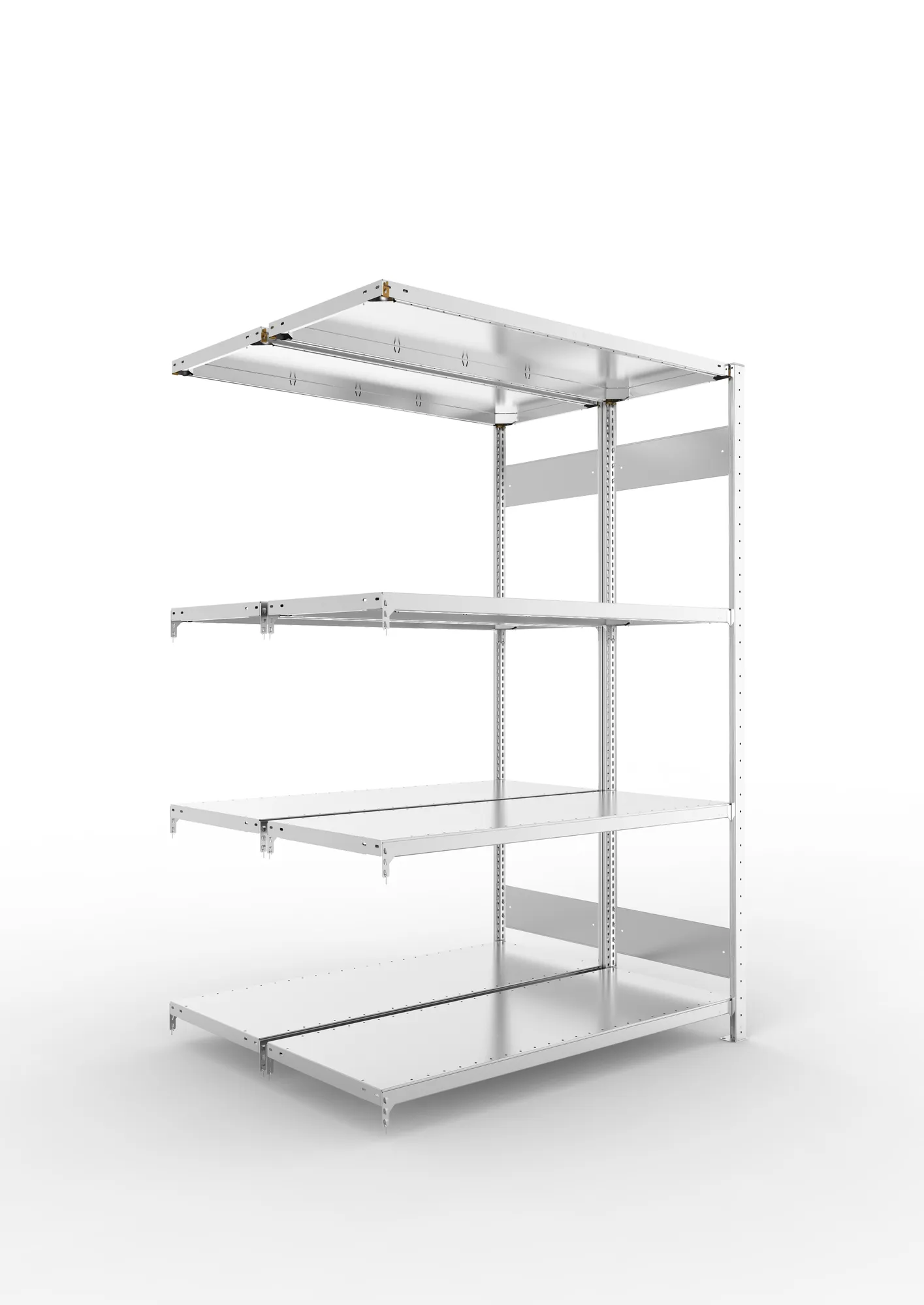META CLIP S3, Fachbodenregal, Doppel-Anbauregal, 2000 x 1300 x 500 mm, Fachlast 230 kg, 4 Ebenen, Längsriegel, verzinkt – Ansicht in Blickhöhe