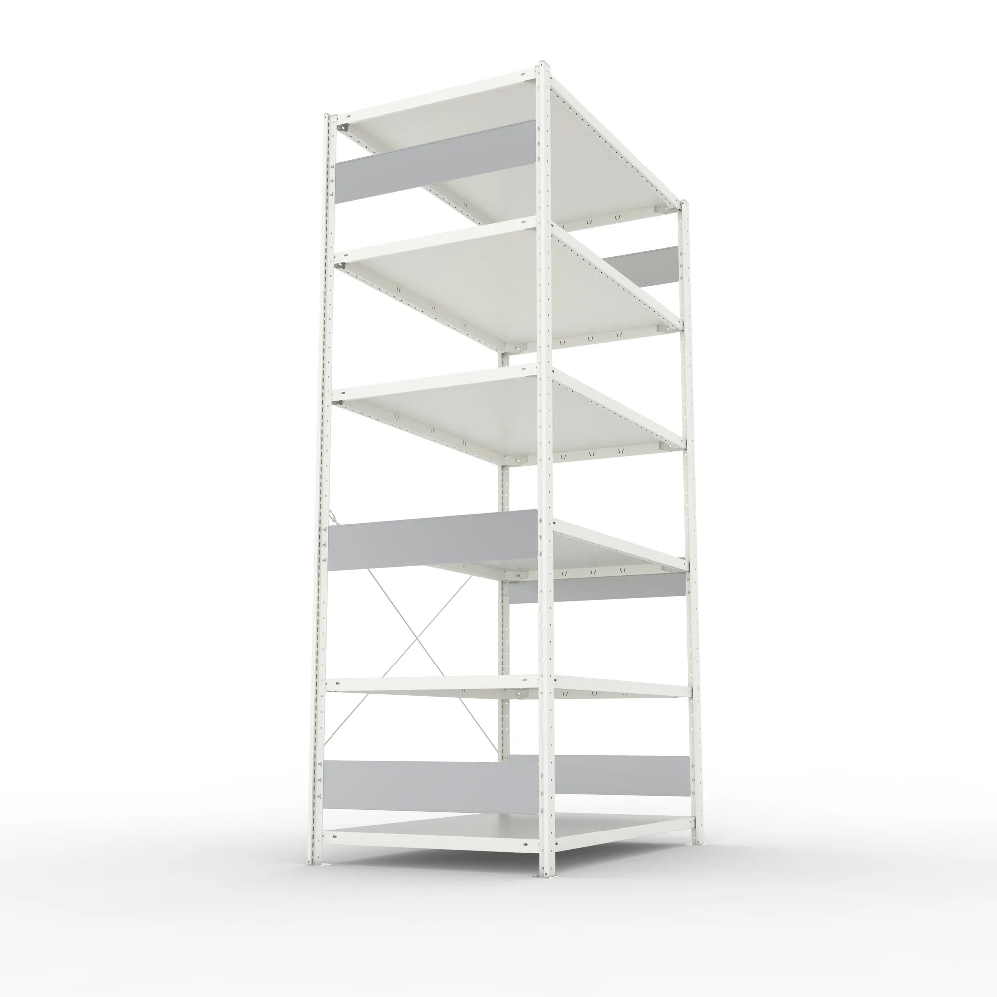 META CLIP S3, Fachbodenregal, Grundregal, 2500 x 1300 x 800 mm, Fachlast 230 kg, 6 Ebenen, RAL 7035 – Seitenansicht