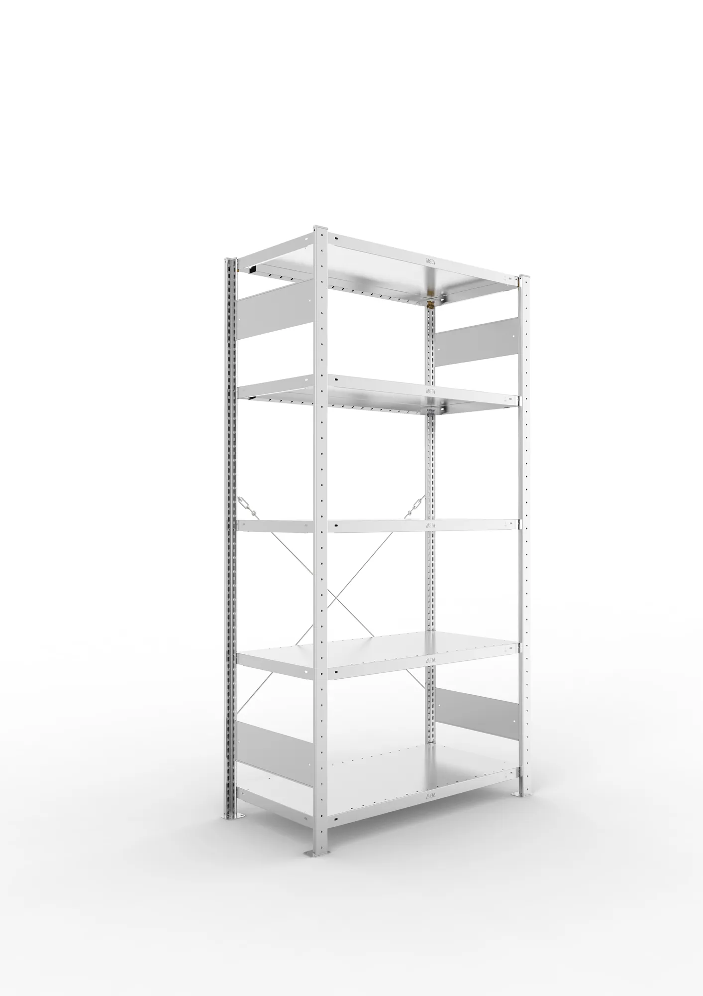 META CLIP, Fachbodenregal, Grundregal, 2000 x 1000 x 500 mm, Fachlast 230 kg, 5 Ebenen, verzinkt – Ansicht in Blickhöhe