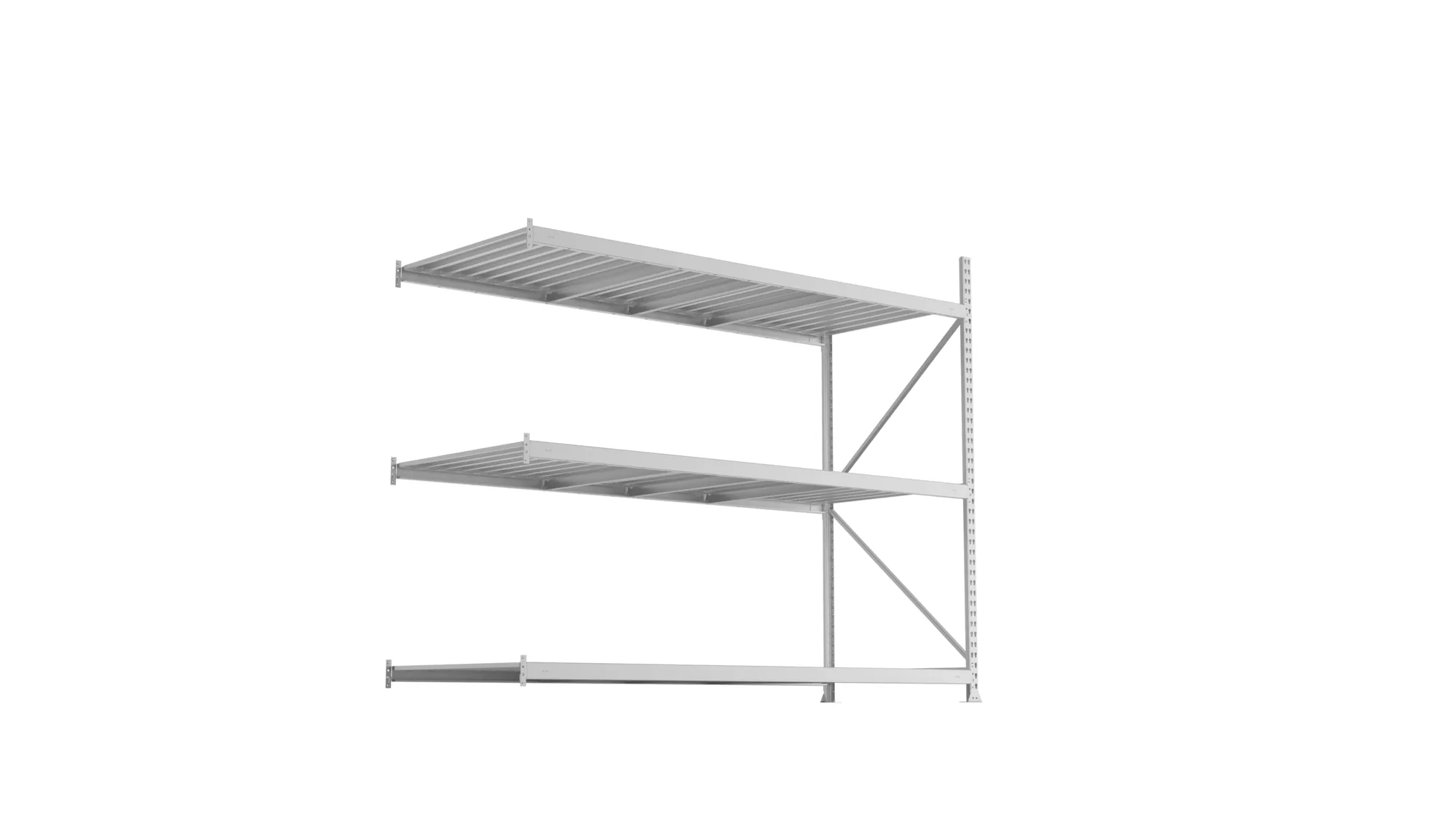 META MINI-RACK, Weitspannregal, Anbauregal, 2200 x 2600 x 1050 mm, Fachlast 490 kg, Stahlpaneelböden, 3 Ebenen – Ansicht von unten