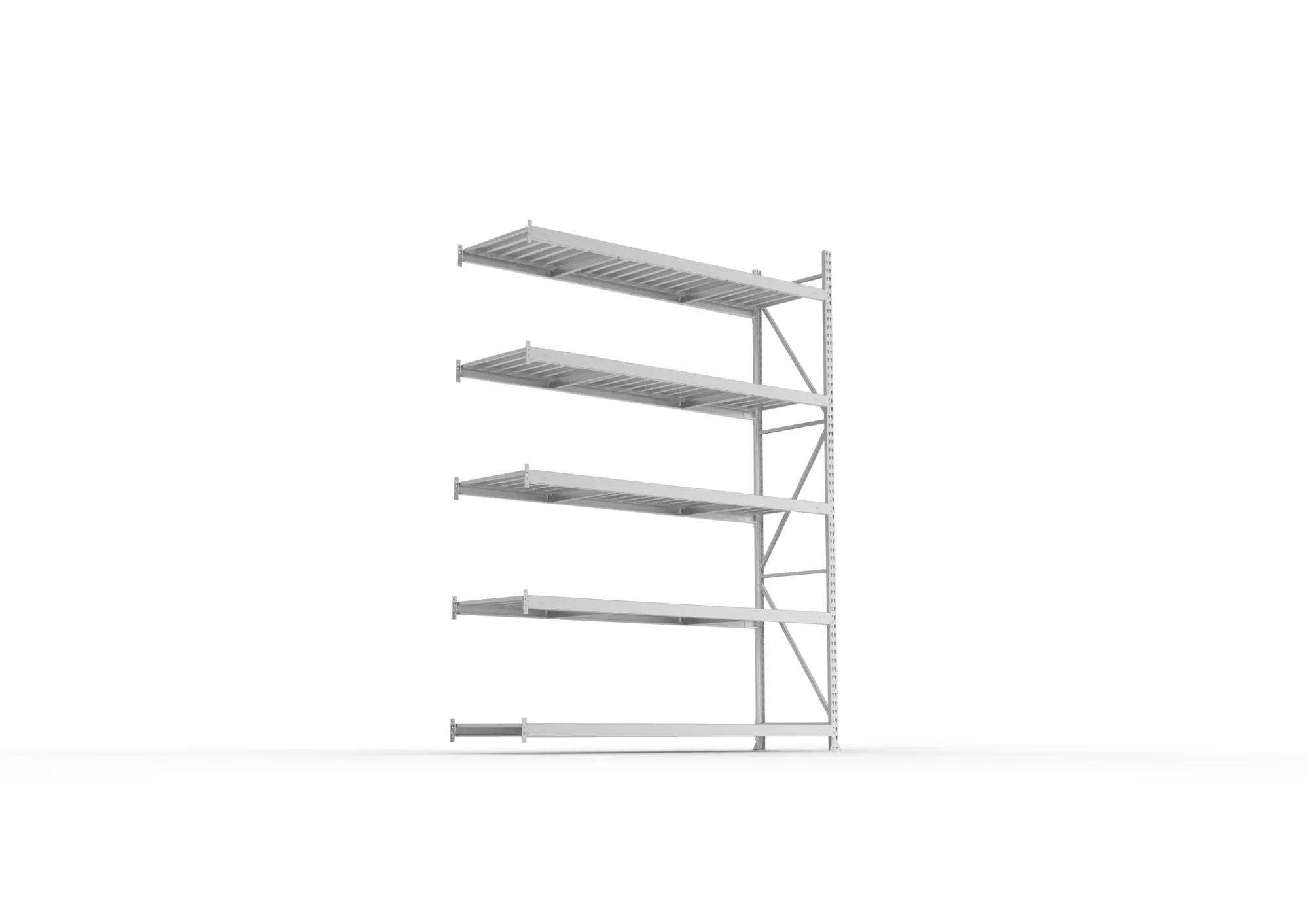 META MINI-RACK, Weitspannregal, Anbauregal, 3000 x 2200 x 650 mm, Fachlast 600 kg, Stahlpaneelböden, 5 Ebenen – Ansicht von unten