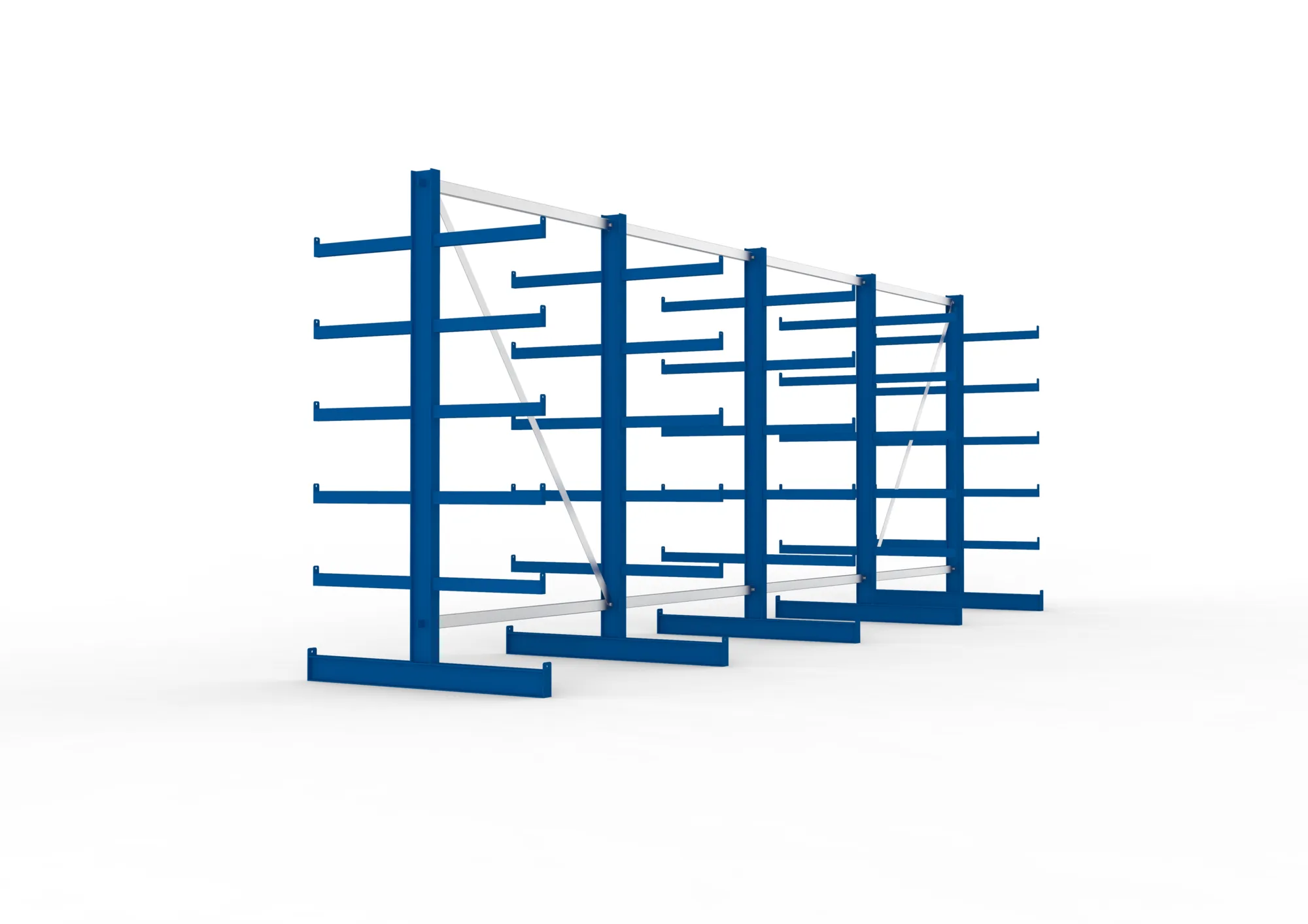 META ATLAS ST, Kragarmregal, 4 Felder, 2000 x 5400 x 500 mm, Armlast 200 kg, doppelseitig, 5+1 Ebenen – Seitenansicht