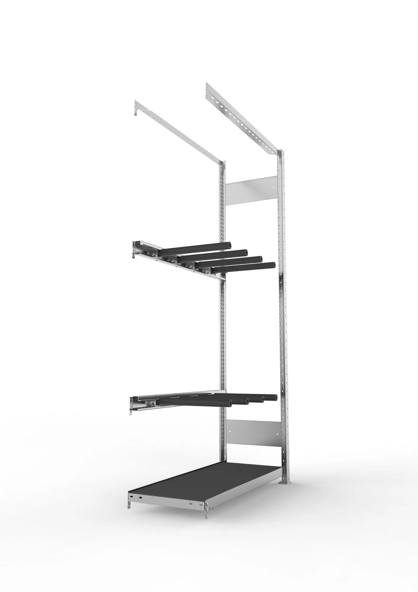 META CLIP, Abgasanlagenregal, Anbauregal, 2000 x 1000 x 400 mm, stehende Lagerung, verzinkt – Seitenansicht