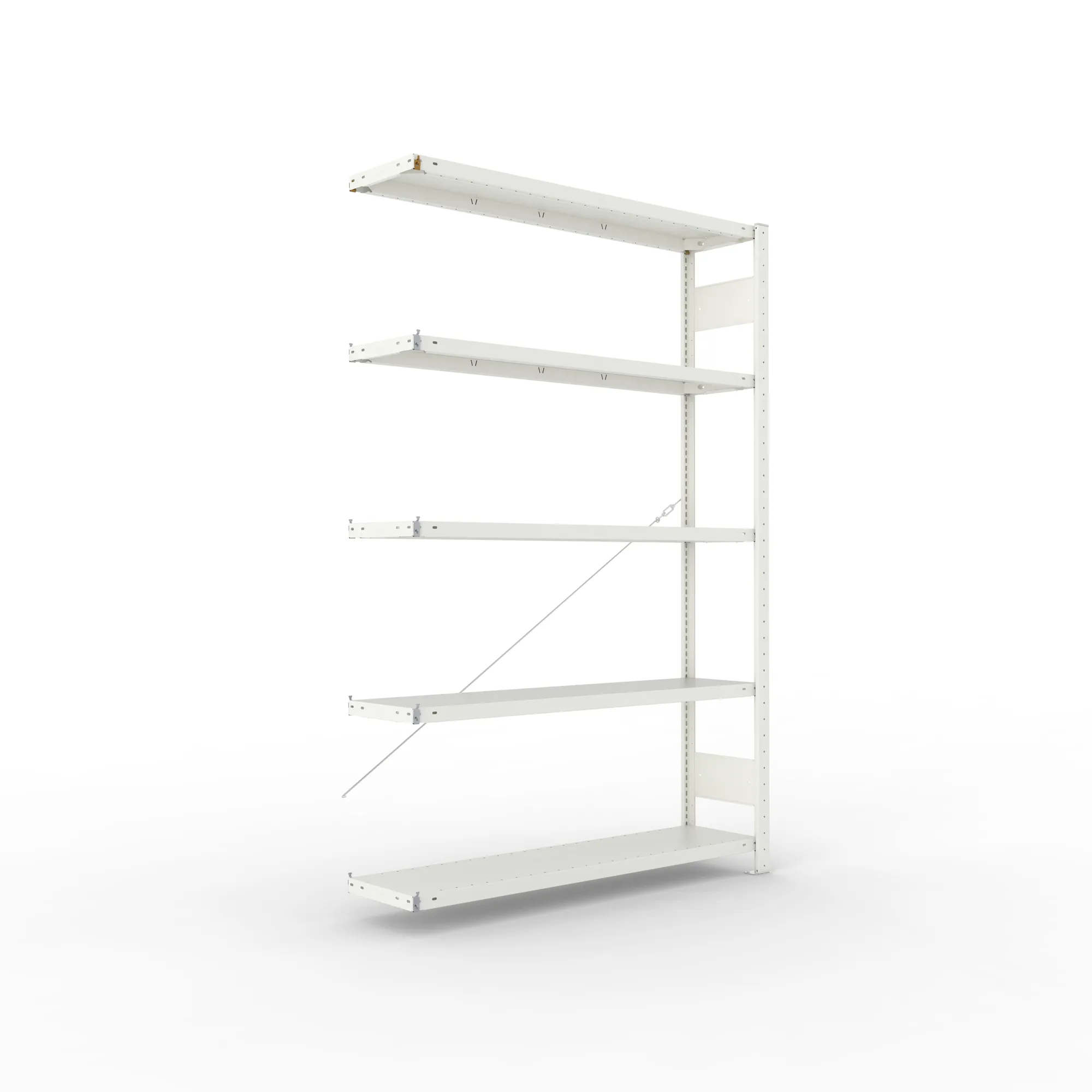 META CLIP, Fachbodenregal, Anbauregal, 2000 x 1300 x 300 mm, Fachlast 230 kg, 5 Ebenen, RAL 7035 – Ansicht in Blickhöhe