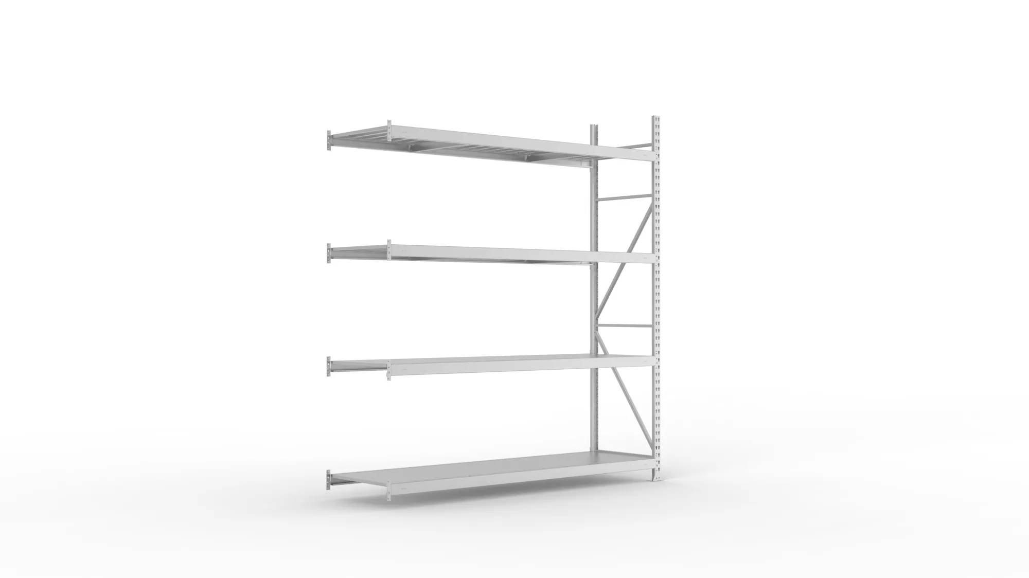 META MINI-RACK, Weitspannregal, Anbauregal, 2500 x 2200 x 650 mm, Fachlast 600 kg, Stahlpaneelböden, 4 Ebenen – Ansicht in Blickhöhe