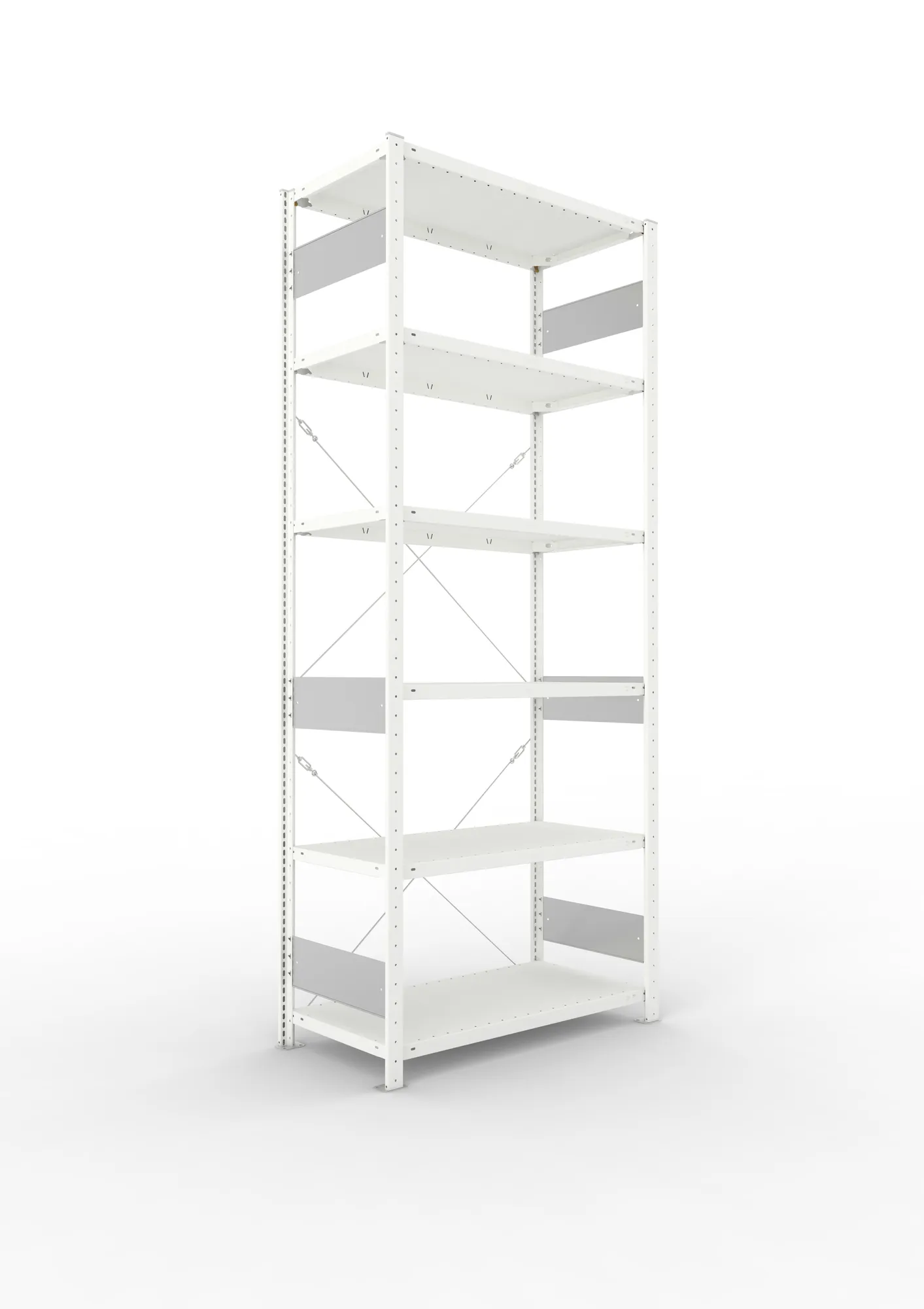 META CLIP S3, Fachbodenregal, Grundregal, 2500 x 1000 x 500 mm, Fachlast 150 kg, 6 Ebenen, RAL 7035 – Ansicht in Blickhöhe
