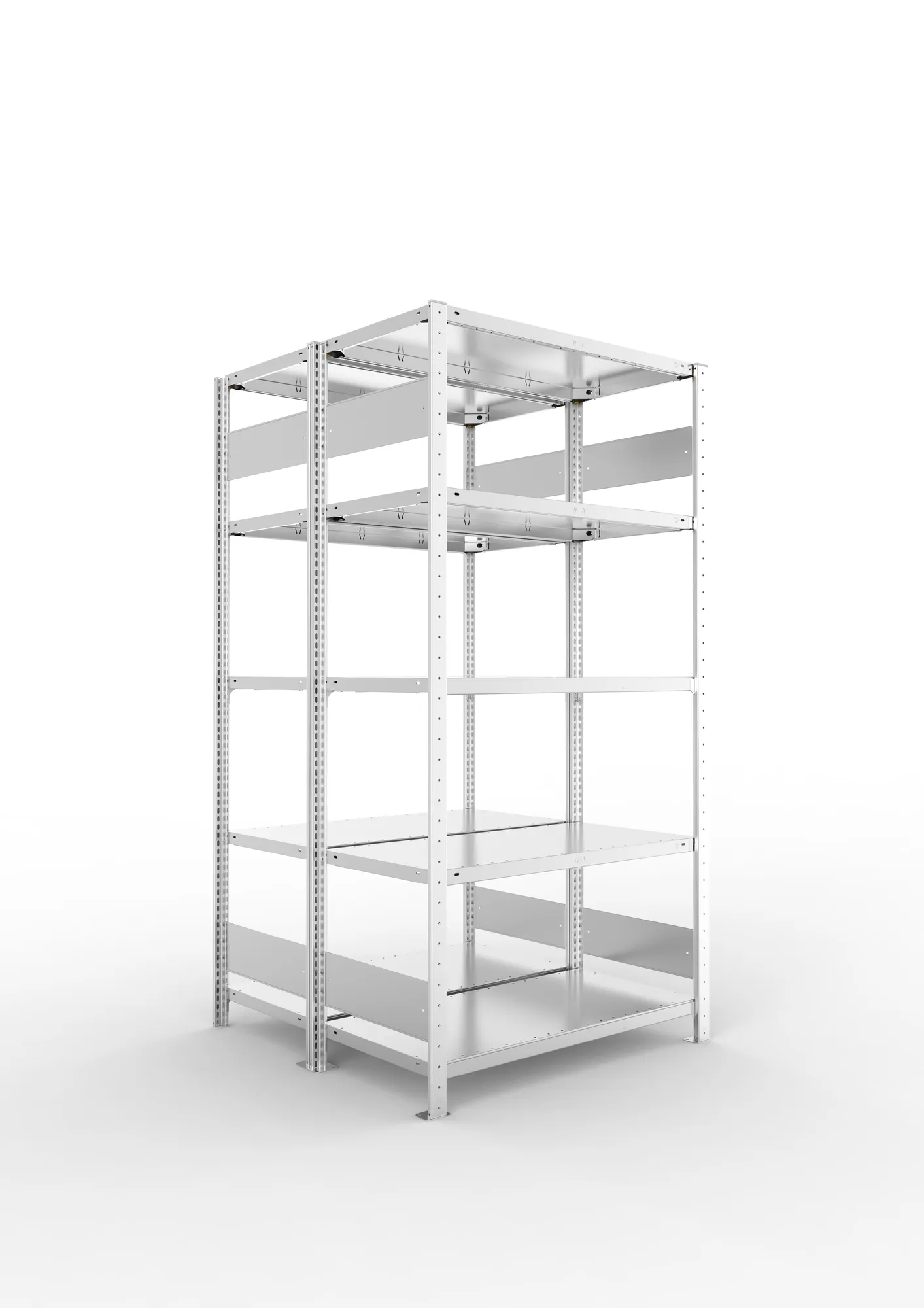 META CLIP S3, Fachbodenregal, Doppel-Grundregal, 2000 x 1000 x 500 mm, Fachlast 150 kg, 5 Ebenen, Längsriegel, verzinkt – Ansicht in Blickhöhe