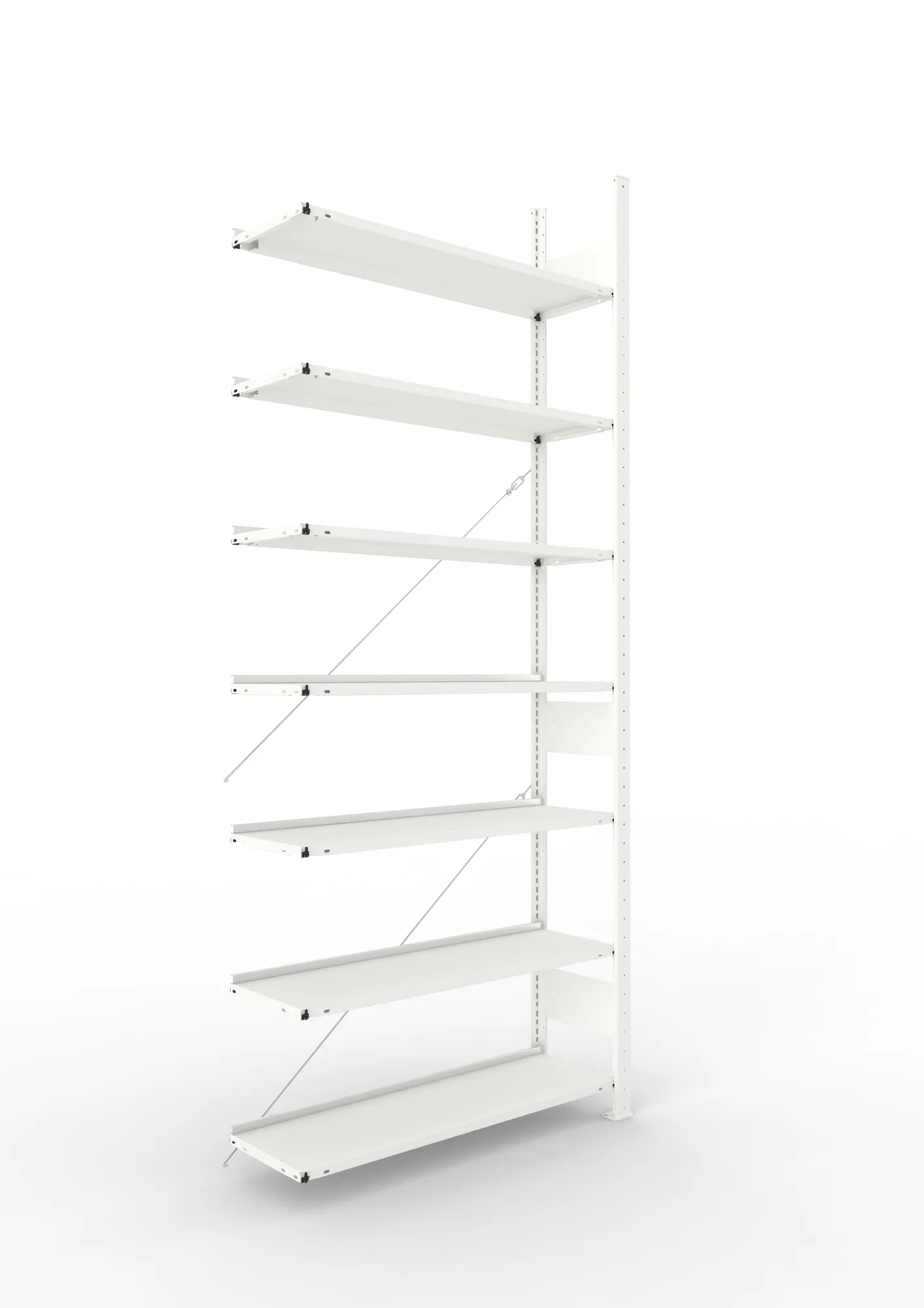 META CLIP COMPACT, Büro-Steckregal, Anbauregal, 2500 x 1100 x 300 mm, Fachlast 80 kg, 7+0 Ebenen, RAL 7035 – Ansicht in Blickhöhe