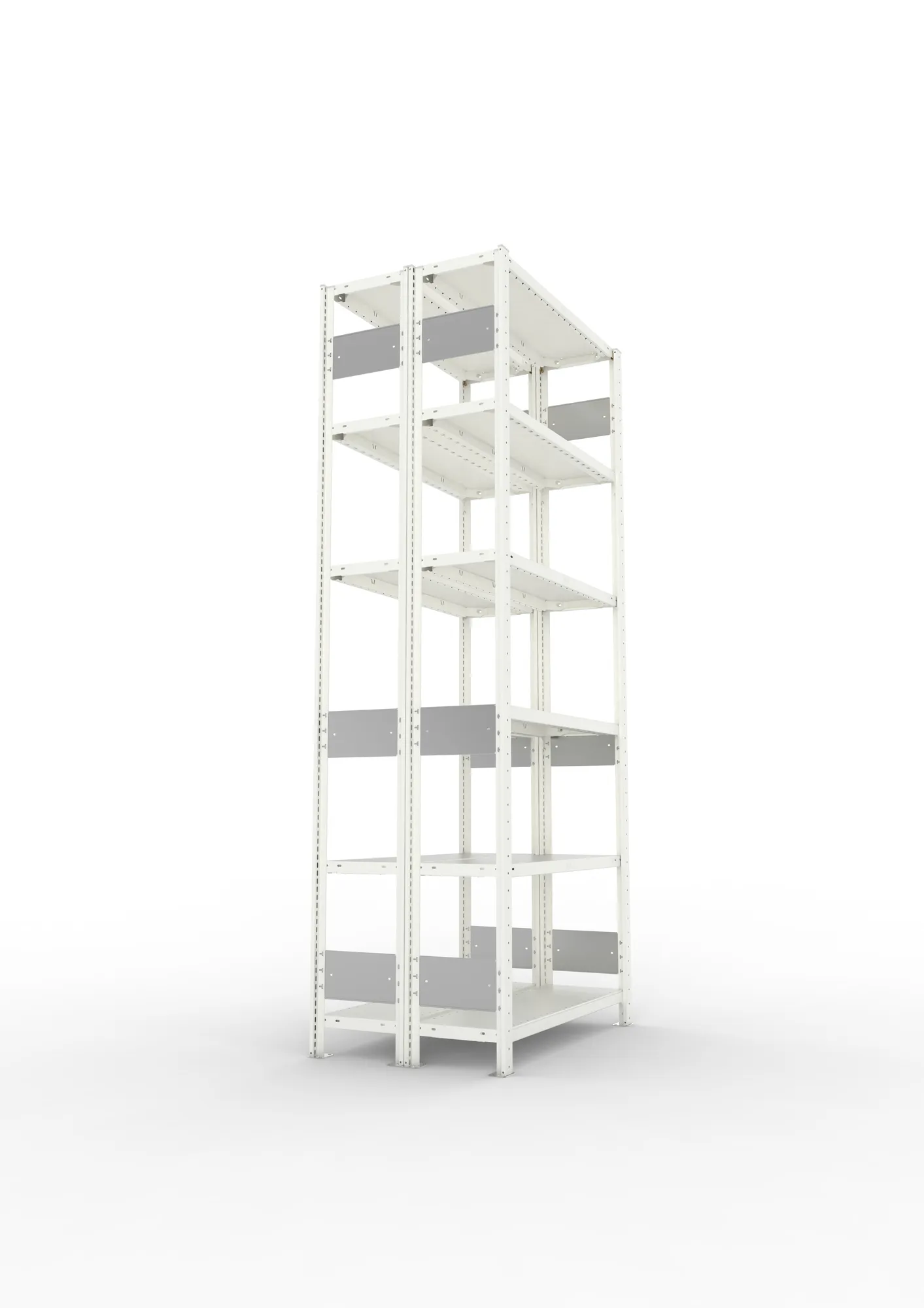 META CLIP S3, Fachbodenregal, Doppel-Grundregal, 2500 x 1000 x 300 mm, Fachlast 150 kg, 6 Ebenen, Längsriegel, RAL 7035 – Seitenansicht