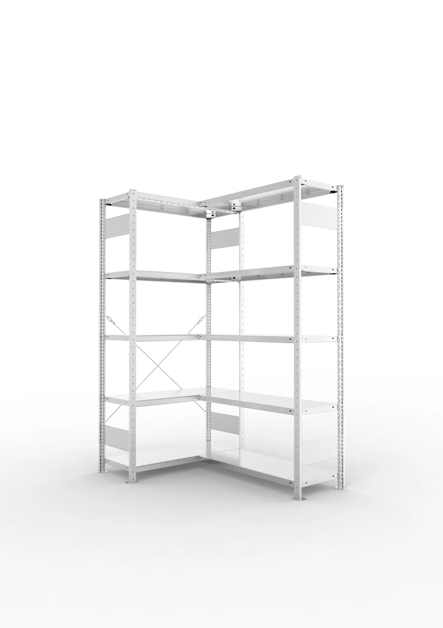 META CLIP, Eckregal, 2000 x 1000 x 400 mm, Fachlast 100 kg, 5 Ebenen, verzinkt – Ansicht in Blickhöhe