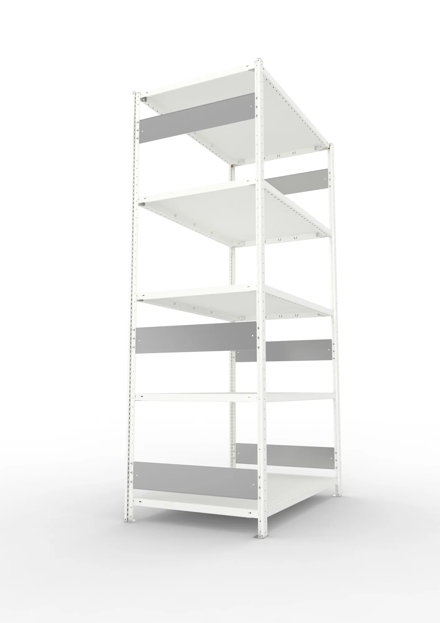 META CLIP S3, Fachbodenregal, Grundregal, 2500 x 1300 x 800 mm, Fachlast 230 kg, 5 Ebenen, Längsriegel, RAL 7035 – Seitenansicht