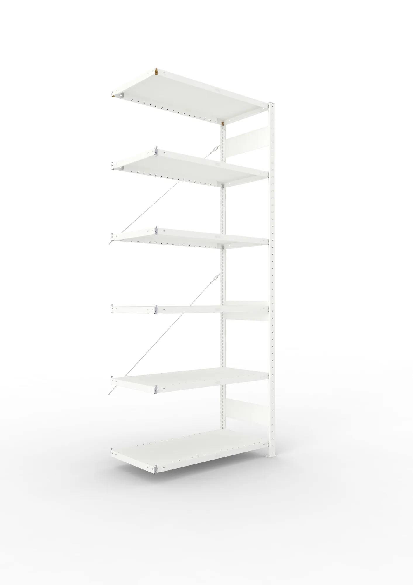 META CLIP, Fachbodenregal, Anbauregal, 2500 x 1000 x 500 mm, Fachlast 230 kg, 6 Ebenen, RAL 7035 – Ansicht in Blickhöhe