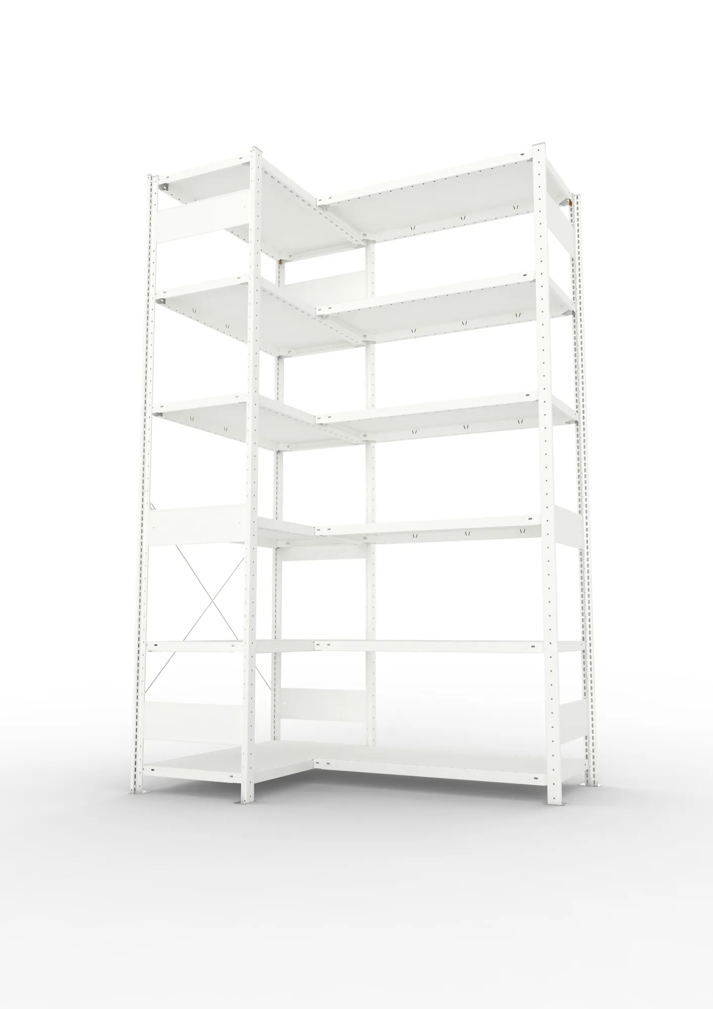 META CLIP, Eckregal, 2500 x 1000 x 500 mm, Fachlast 100 kg, 6 Ebenen, RAL 7035 – Seitenansicht
