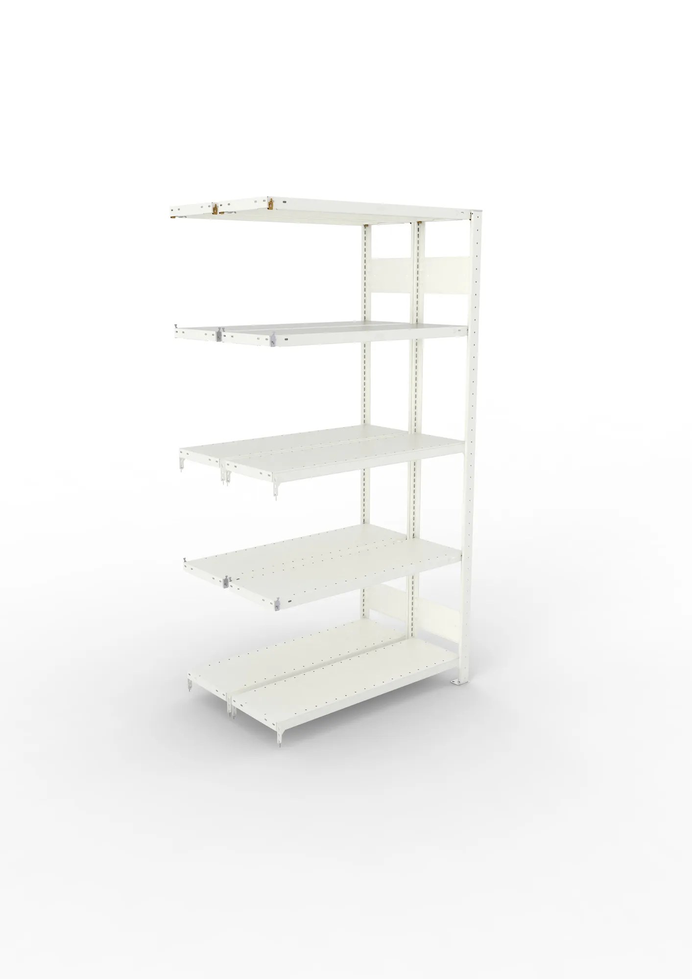 META CLIP S3, Fachbodenregal, Doppel-Anbauregal, 2000 x 1000 x 300 mm, Fachlast 150 kg, 5 Ebenen, Längsriegel, RAL 7035 – Ansicht von oben