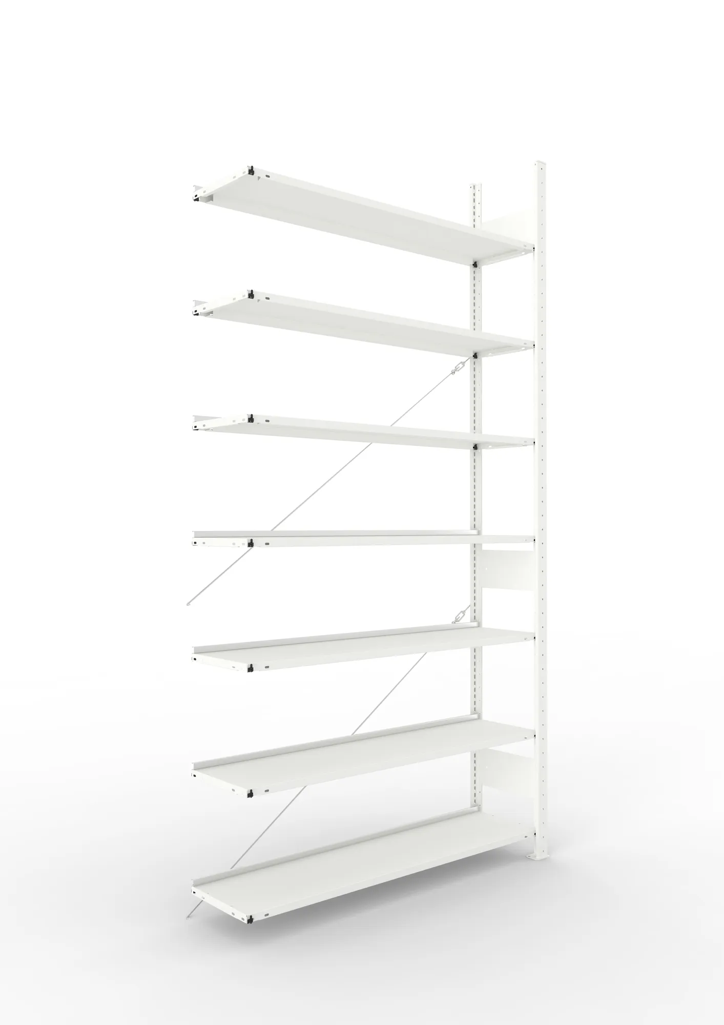 META CLIP COMPACT, Büro-Steckregal, Anbauregal, 2500 x 1250 x 300 mm, Fachlast 80 kg, 7+0 Ebenen, RAL 7035 – Ansicht in Blickhöhe