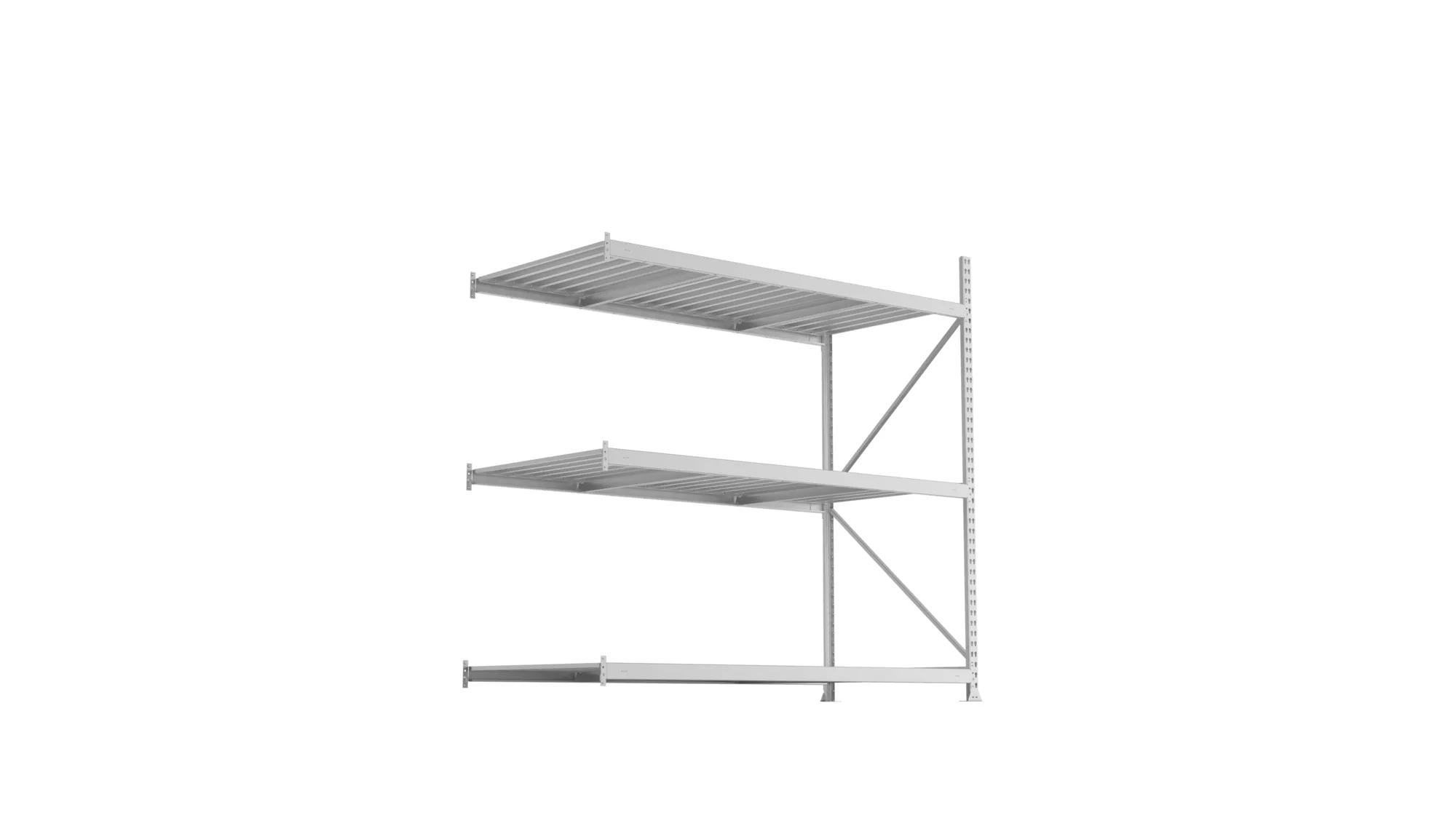 META MINI-RACK, Weitspannregal, Anbauregal, 2200 x 2200 x 1050 mm, Fachlast 600 kg, Stahlpaneelböden, 3 Ebenen – Ansicht von unten