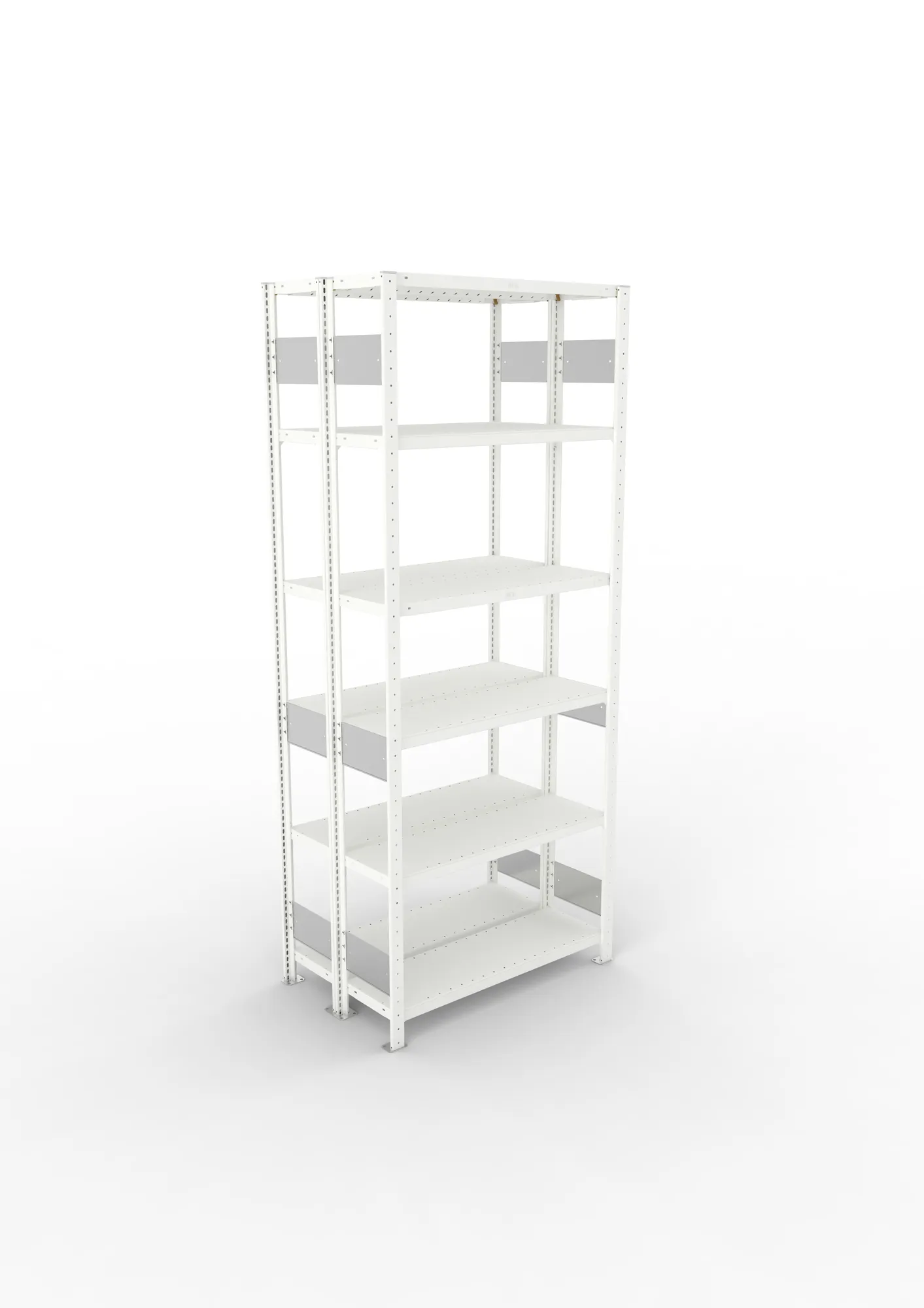 META CLIP S3, Fachbodenregal, Doppel-Grundregal, 2500 x 1000 x 300 mm, Fachlast 230 kg, 6 Ebenen, Längsriegel, RAL 7035 – Ansicht von oben