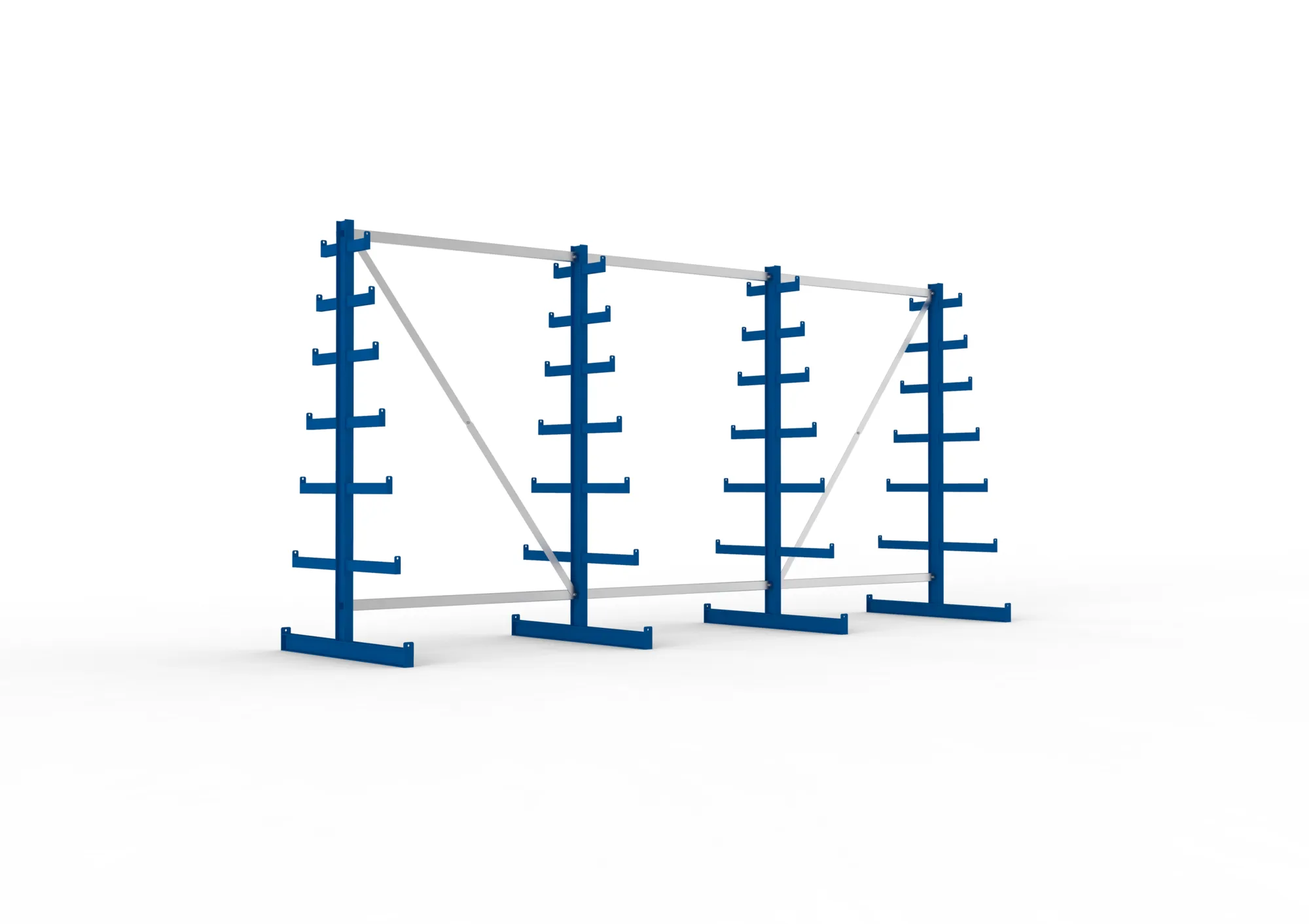 META ATLAS ST, Langgutregal, 3 Felder, 2000 x 4050 x 500 mm, Armlast 200 kg, doppelseitig, 6+1 Ebenen – Ansicht in Blickhöhe