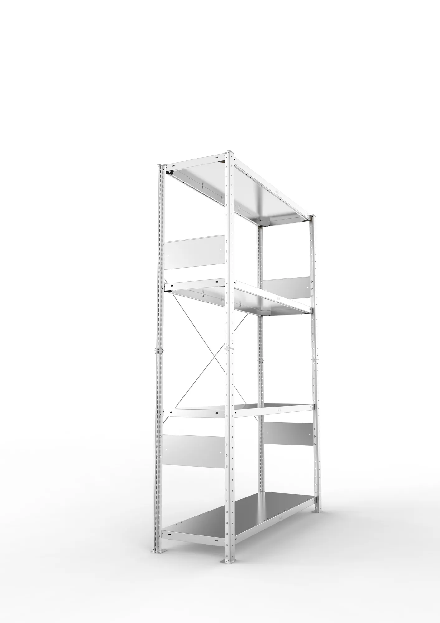 META CLIP SPLIT, Fachbodenregal, Grundregal, 2000 x 1300 x 400 mm, Fachlast 150 kg, 4 Ebenen, verzinkt – Seitenansicht
