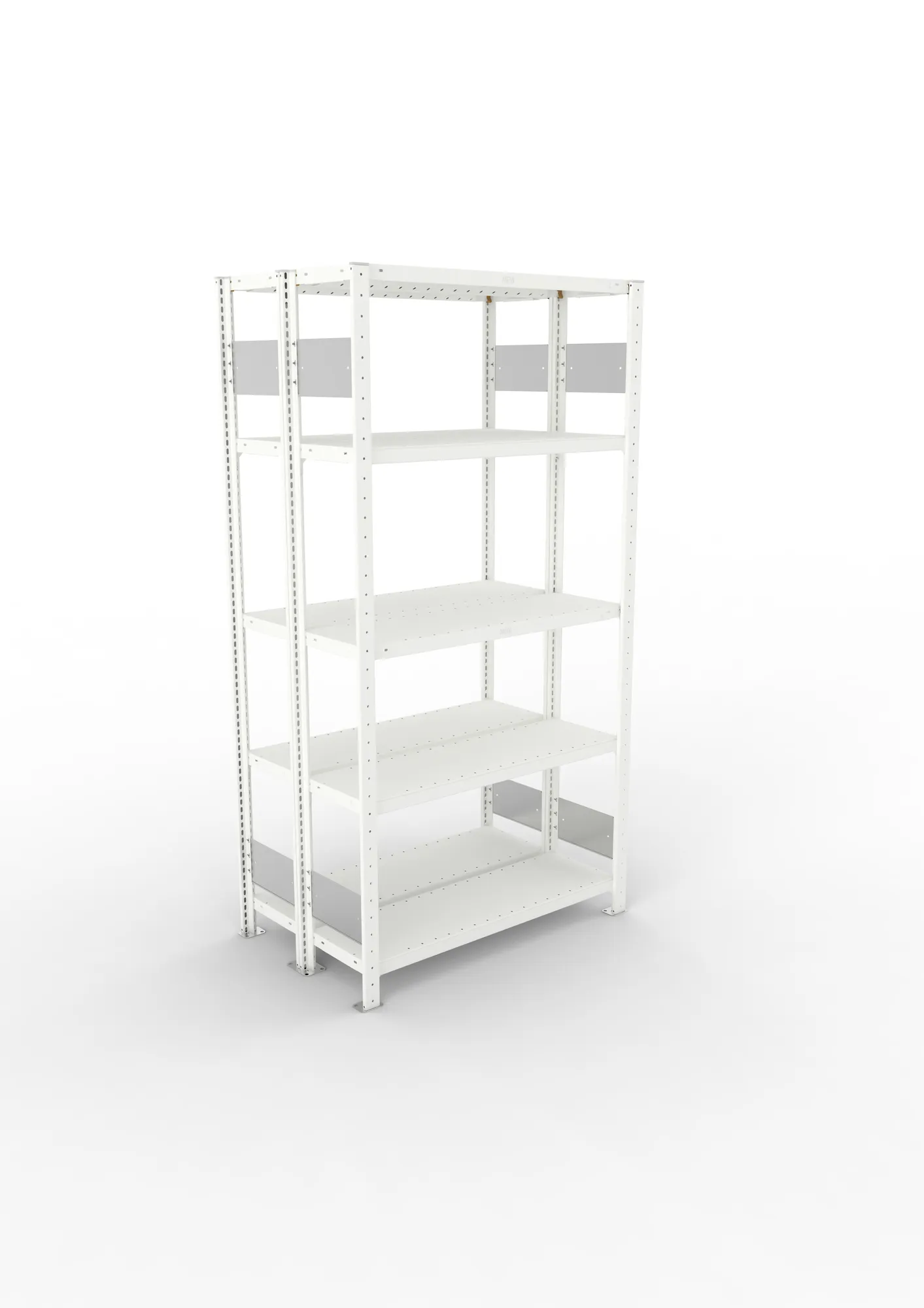 META CLIP S3, Fachbodenregal, Doppel-Grundregal, 2000 x 1000 x 300 mm, Fachlast 230 kg, 5 Ebenen, Längsriegel, RAL 7035 – Ansicht von oben