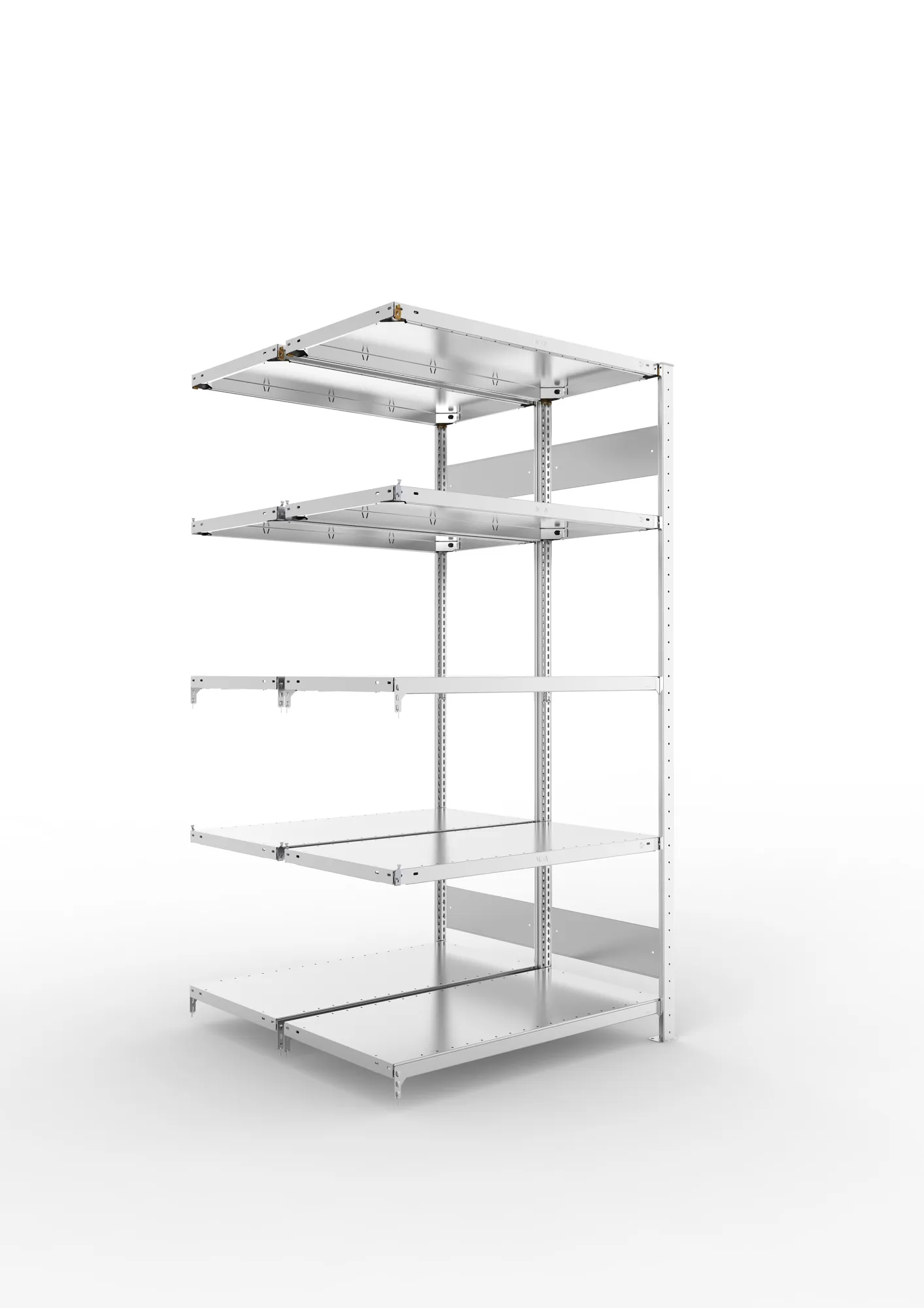 META CLIP S3, Fachbodenregal, Doppel-Anbauregal, 2000 x 1000 x 500 mm, Fachlast 150 kg, 5 Ebenen, Längsriegel, verzinkt – Ansicht in Blickhöhe