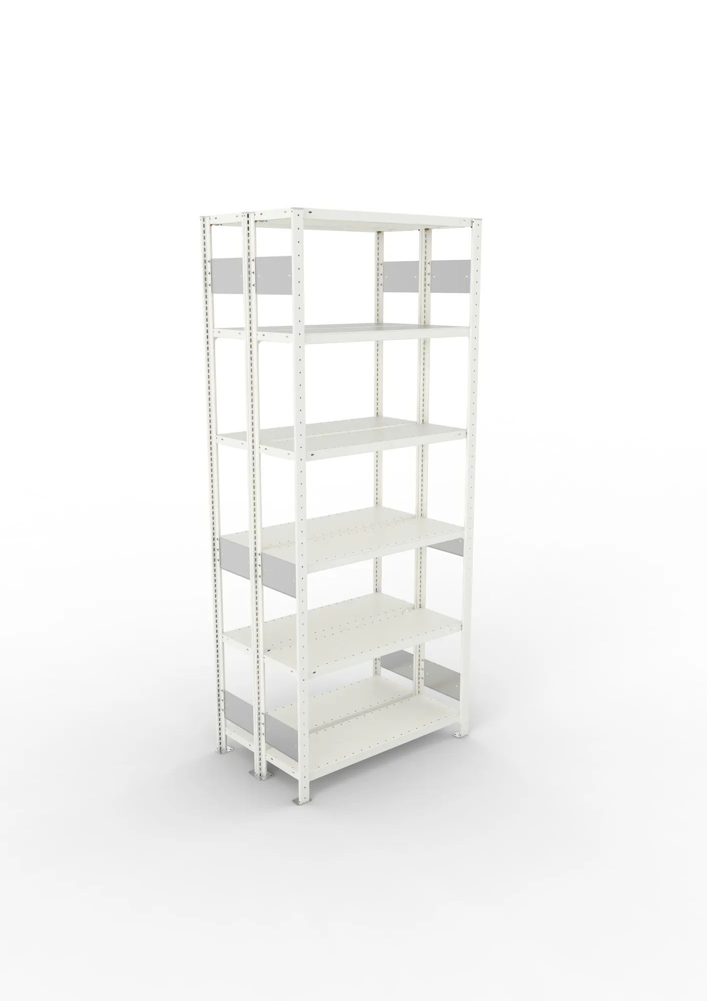META CLIP S3, Fachbodenregal, Doppel-Grundregal, 2500 x 1000 x 300 mm, Fachlast 150 kg, 6 Ebenen, Längsriegel, RAL 7035 – Ansicht von oben