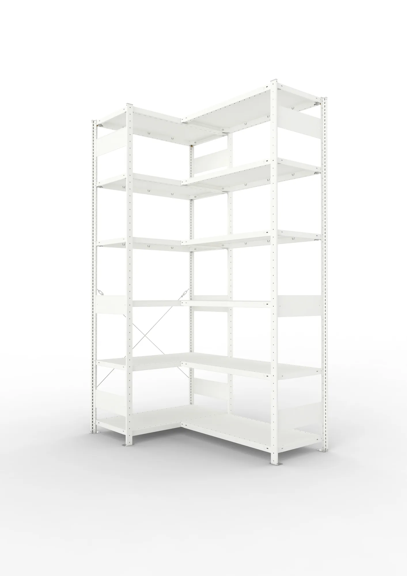 META CLIP, Eckregal, 2500 x 1000 x 500 mm, Fachlast 100 kg, 6 Ebenen, RAL 7035 – Ansicht in Blickhöhe