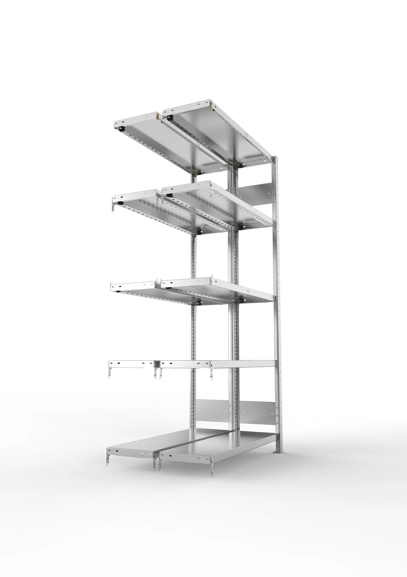 META CLIP S3, Fachbodenregal, Doppel-Anbauregal, 2000 x 1000 x 300 mm, Fachlast 230 kg, 5 Ebenen, Längsriegel, verzinkt – Seitenansicht