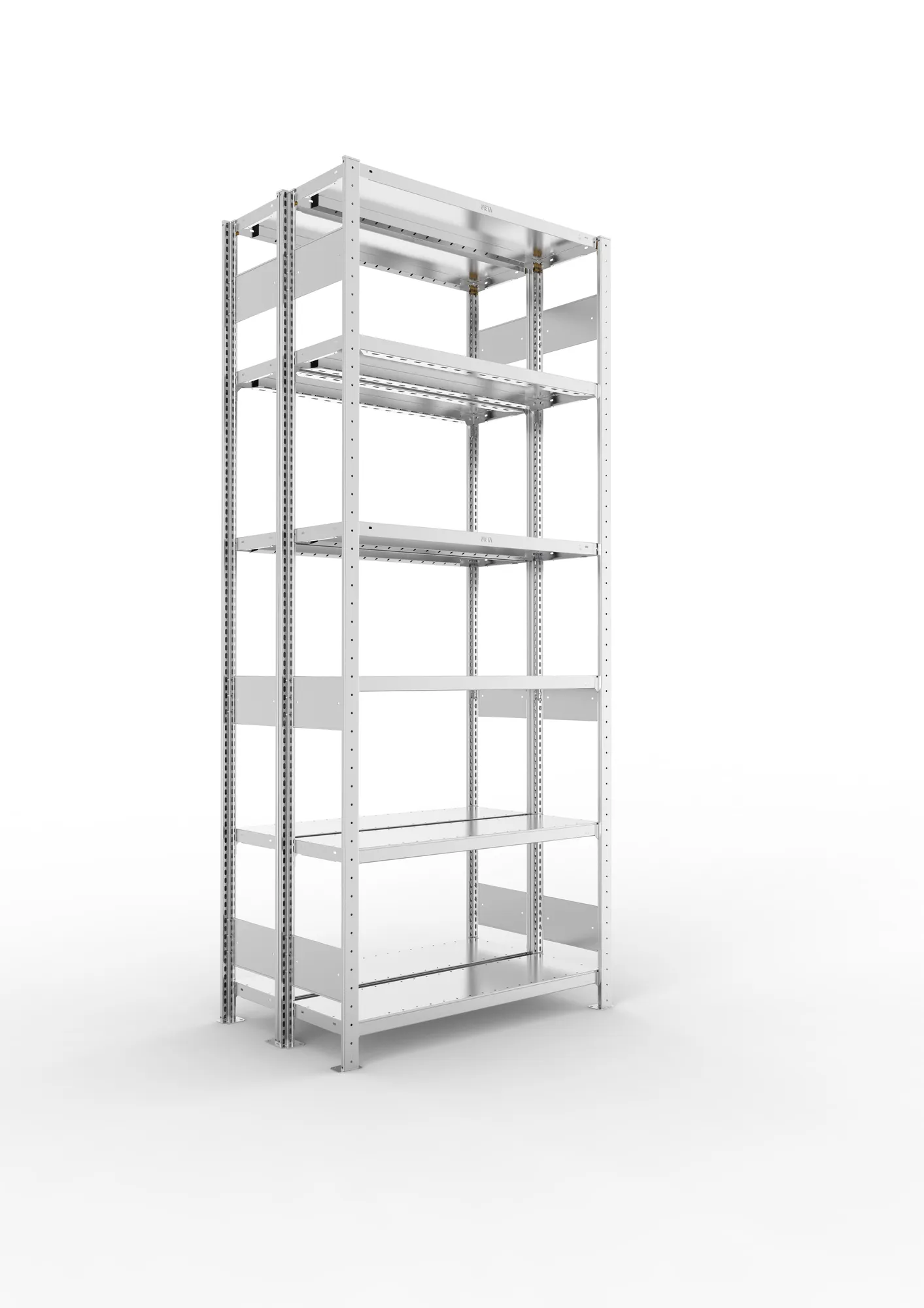 META CLIP S3, Fachbodenregal, Doppel-Grundregal, 2500 x 1000 x 300 mm, Fachlast 230 kg, 6 Ebenen, Längsriegel, verzinkt – Ansicht in Blickhöhe