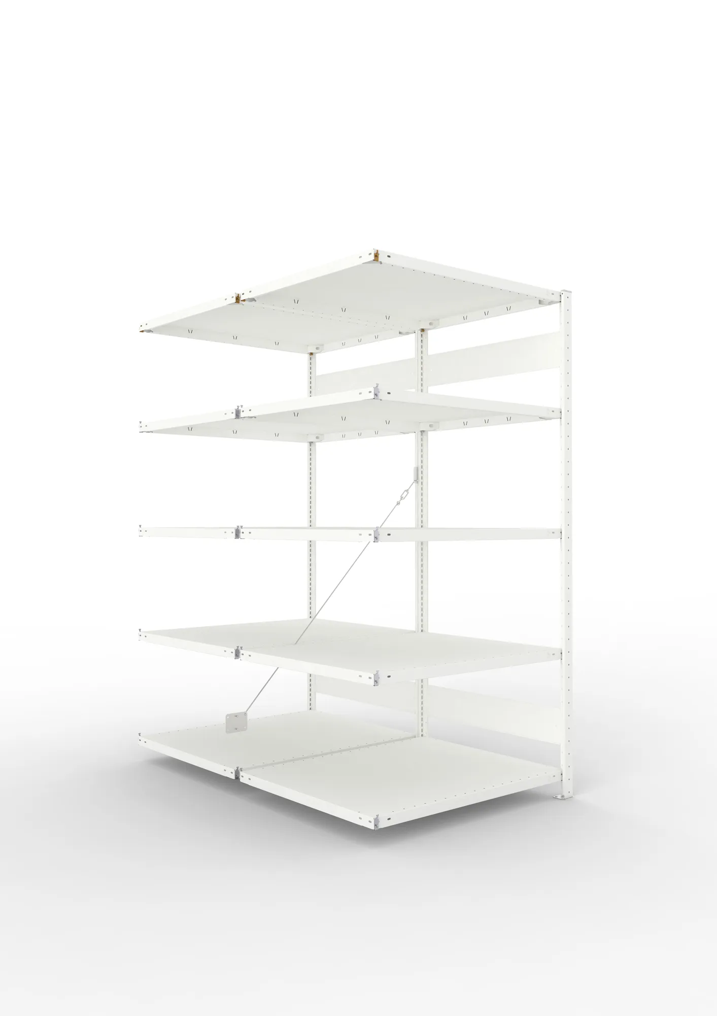 META CLIP, Fachbodenregal, Doppel-Anbauregal, 2000 x 1000 x 800 mm, Fachlast 230 kg, 5 Ebenen, RAL 7035 – Ansicht in Blickhöhe