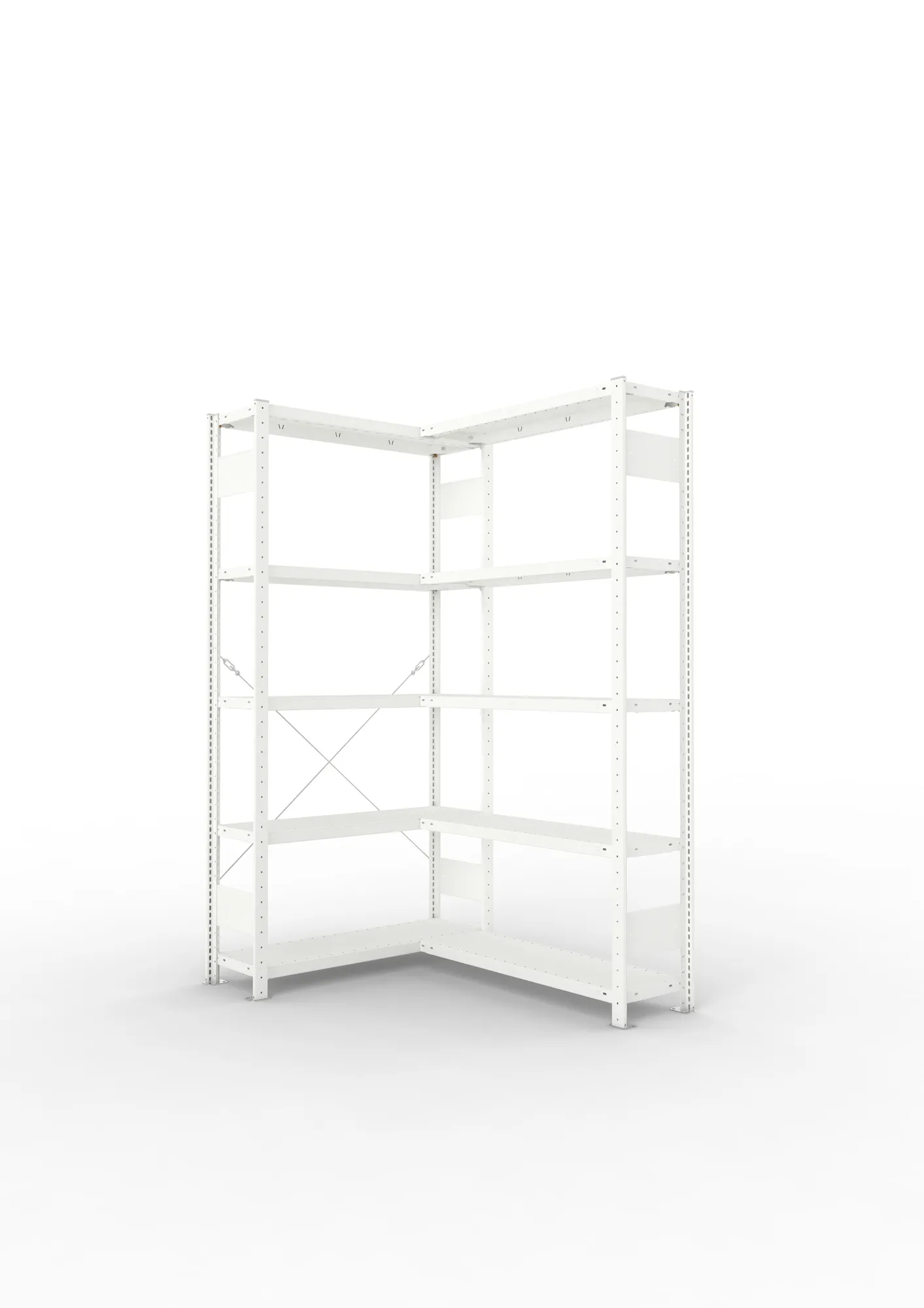 META CLIP, Eckregal, 2000 x 1000 x 300 mm, Fachlast 100 kg, 5 Ebenen, RAL 7035 – Ansicht in Blickhöhe