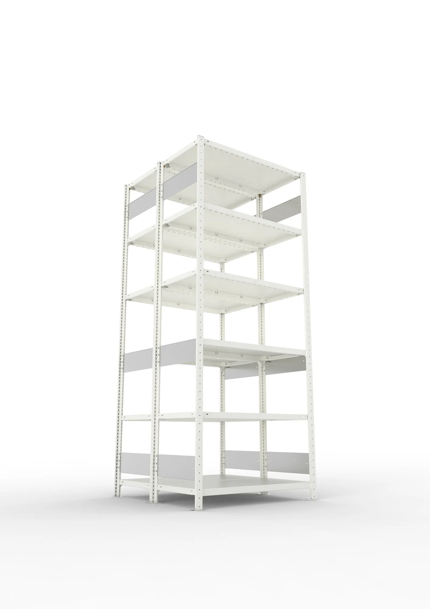 META CLIP S3, Fachbodenregal, Doppel-Grundregal, 2500 x 1000 x 500 mm, Fachlast 150 kg, 6 Ebenen, Längsriegel, RAL 7035 – Ansicht von unten