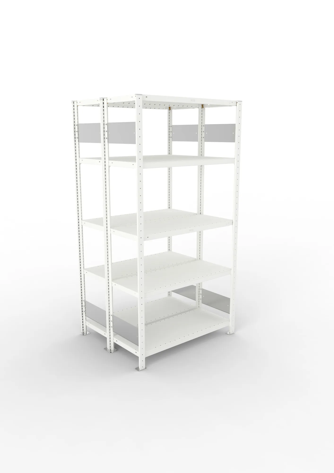 META CLIP S3, Fachbodenregal, Doppel-Grundregal, 2000 x 1000 x 400 mm, Fachlast 230 kg, 5 Ebenen, Längsriegel, RAL 7035 – Ansicht von oben