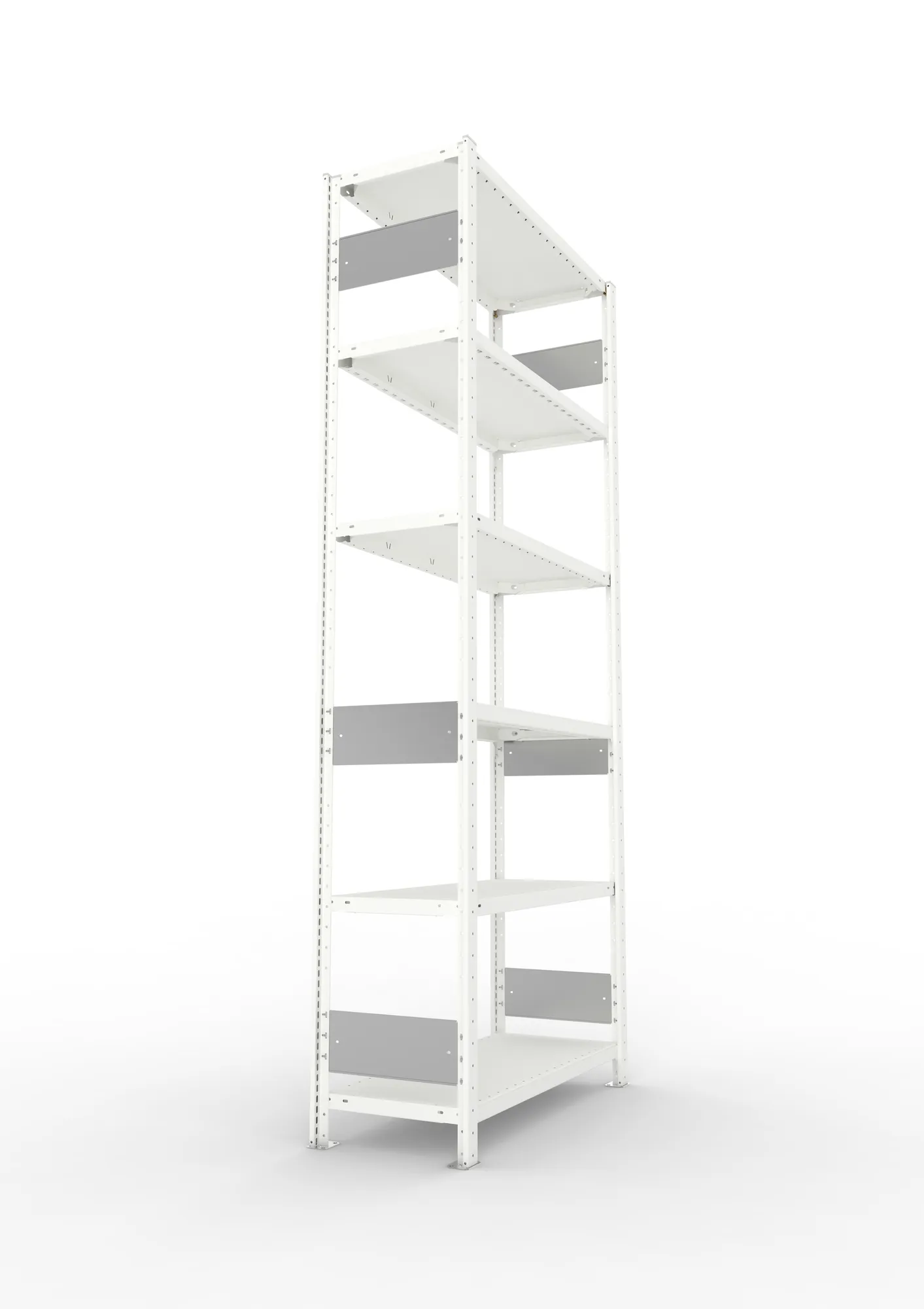 META CLIP S3, Fachbodenregal, Grundregal, 2500 x 1000 x 400 mm, Fachlast 150 kg, 6 Ebenen, Längsriegel, RAL 7035 – Seitenansicht
