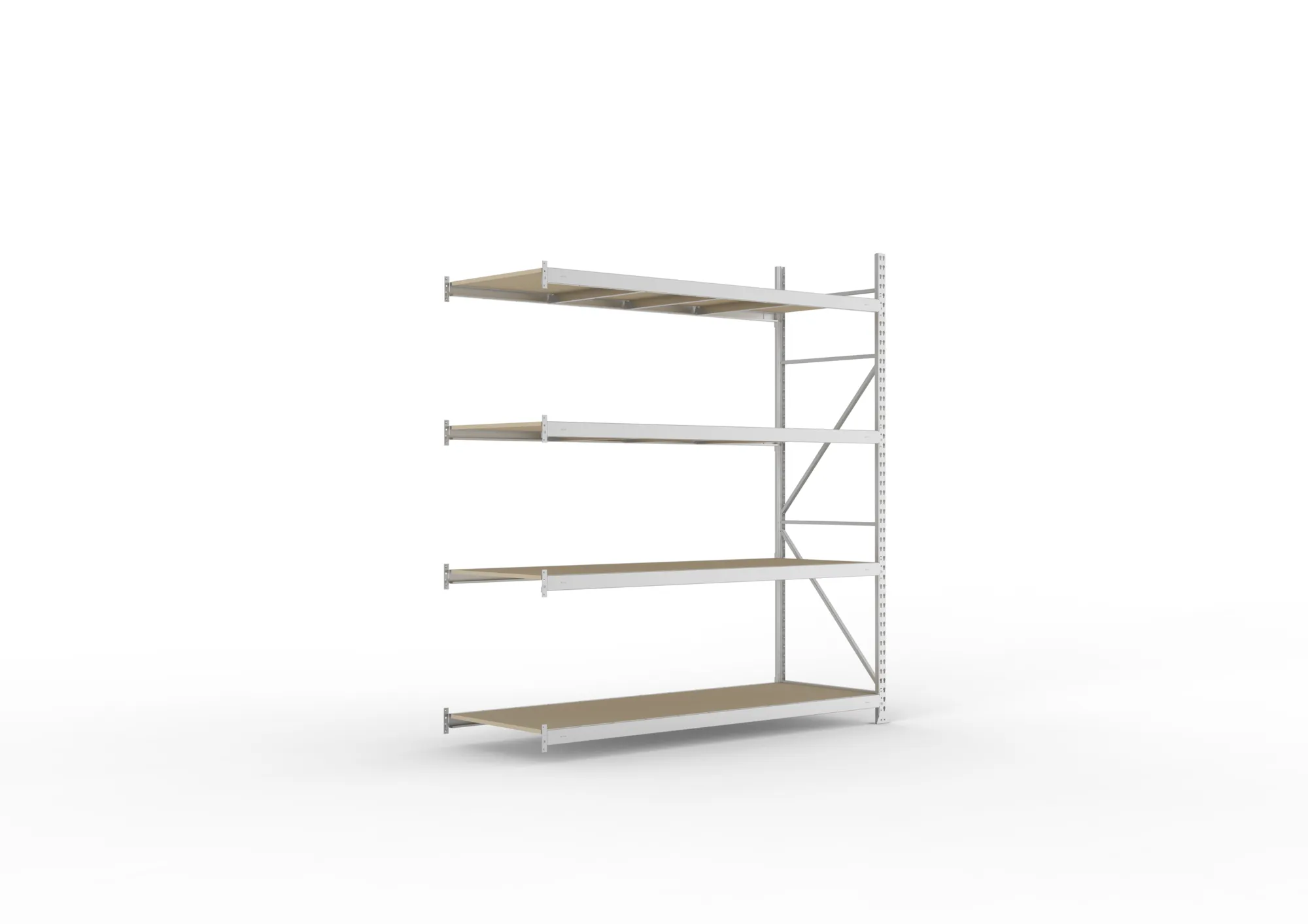 META MINI-RACK, Weitspannregal, Anbauregal, 2500 x 2200 x 800 mm, Fachlast 600 kg, Spanplattenböden, 4 Ebenen – Ansicht in Blickhöhe