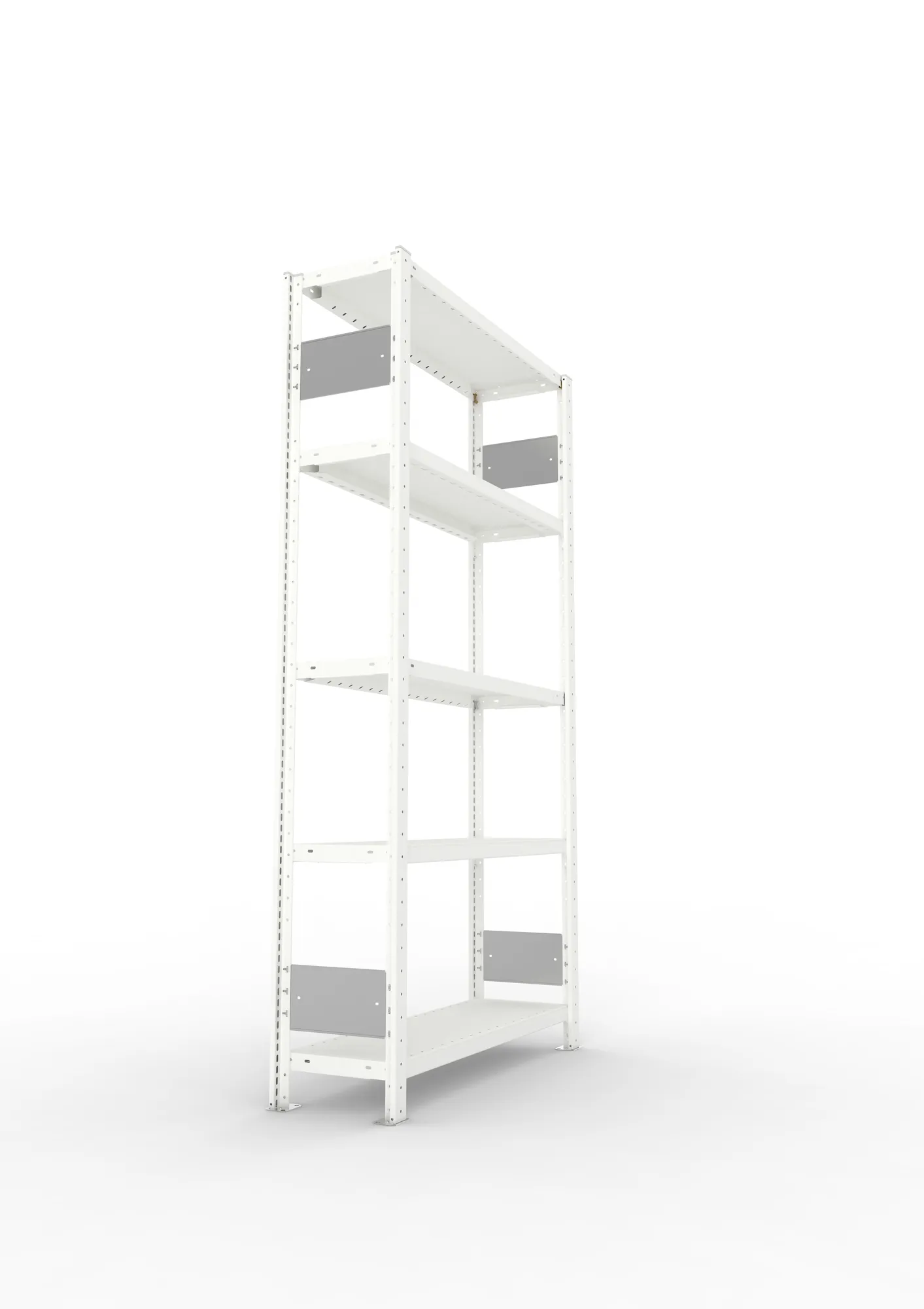 META CLIP S3, Fachbodenregal, Grundregal, 2000 x 1000 x 300 mm, Fachlast 230 kg, 5 Ebenen, Längsriegel, RAL 7035 – Seitenansicht