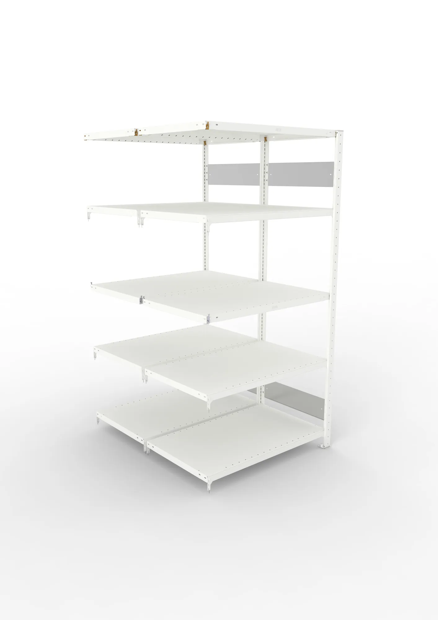 META CLIP S3, Fachbodenregal, Doppel-Anbauregal, 2000 x 1000 x 600 mm, Fachlast 230 kg, 5 Ebenen, Längsriegel, RAL 7035 – Ansicht von oben