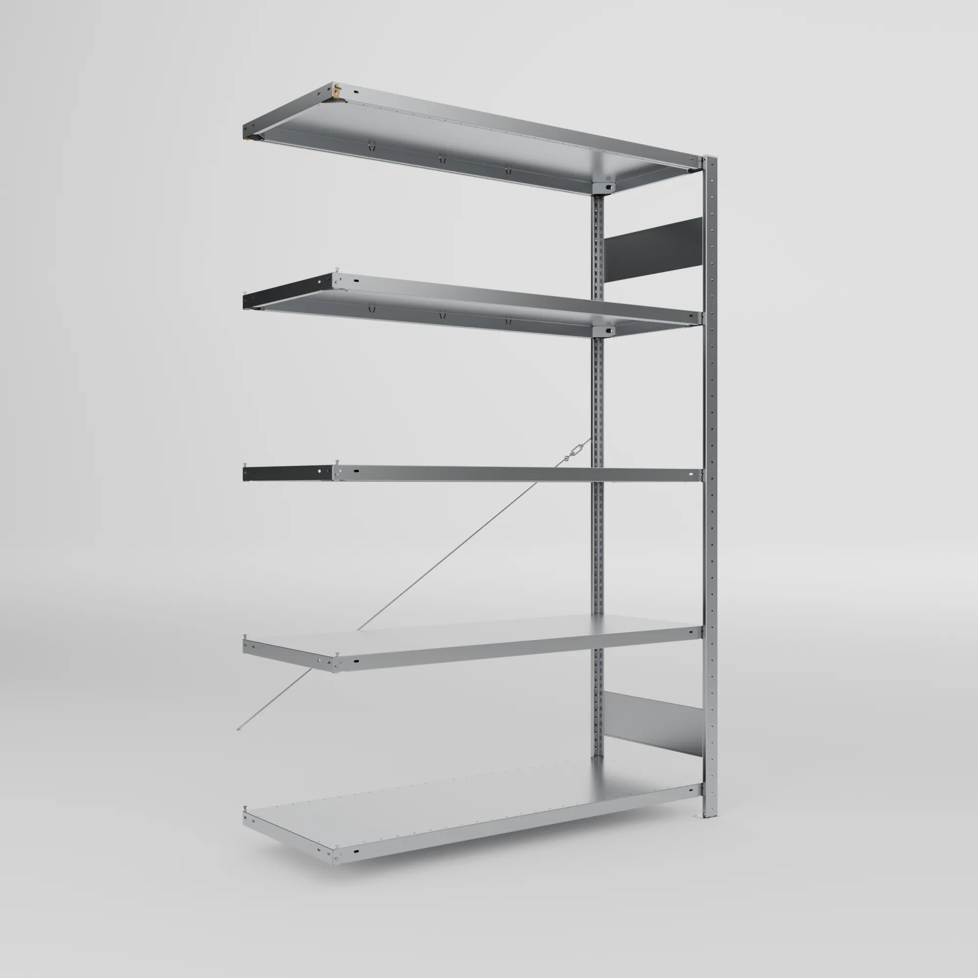 META CLIP S3, Fachbodenregal, Anbauregal, 2000 x 1300 x 500 mm, Fachlast 150 kg, 5 Ebenen, verzinkt – Ansicht in Blickhöhe