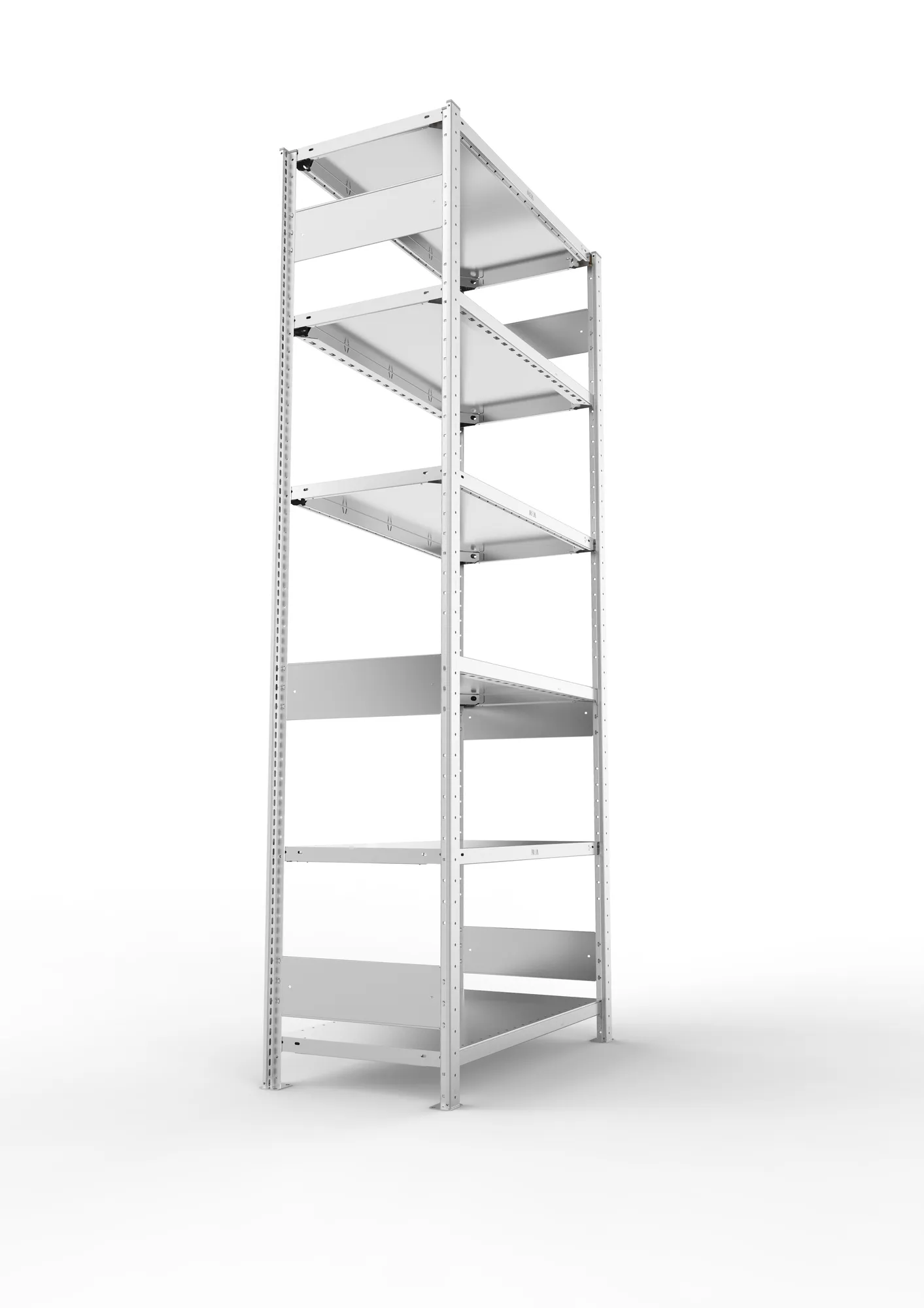META CLIP S3, Fachbodenregal, Grundregal, 2500 x 1000 x 500 mm, Fachlast 150 kg, 6 Ebenen, Längsriegel, verzinkt – Seitenansicht