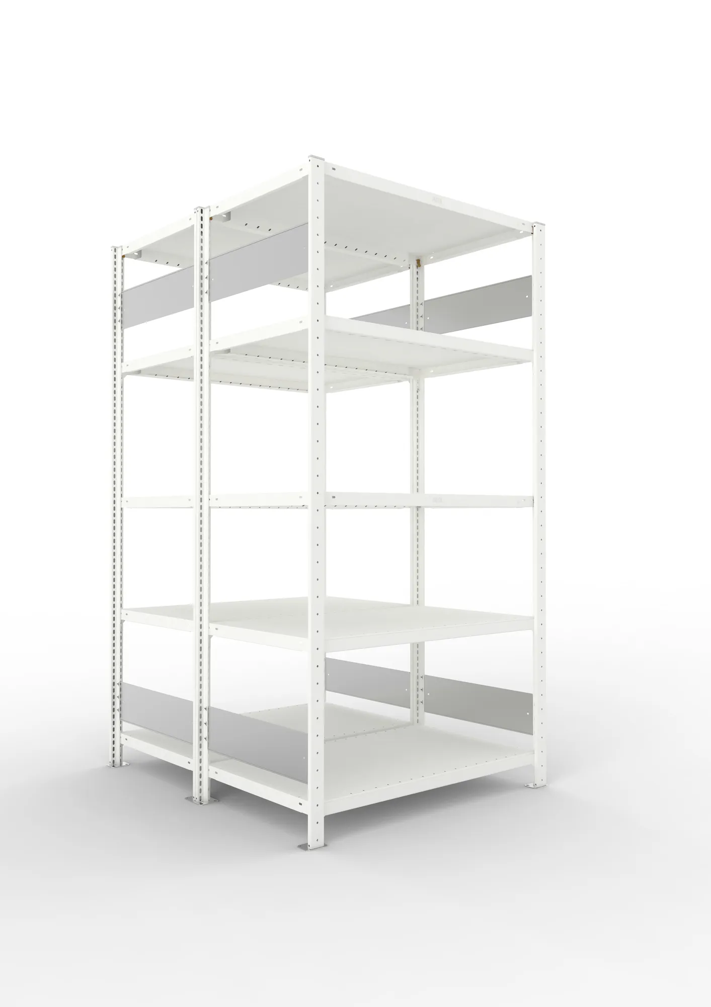 META CLIP S3, Fachbodenregal, Doppel-Grundregal, 2000 x 1000 x 600 mm, Fachlast 230 kg, 5 Ebenen, Längsriegel, RAL 7035 – Ansicht in Blickhöhe