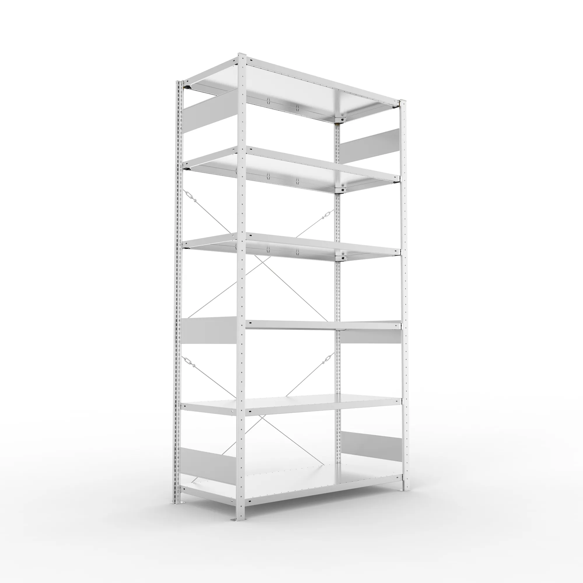 META CLIP S3, Fachbodenregal, Grundregal, 2500 x 1300 x 600 mm, Fachlast 150 kg, 6 Ebenen, verzinkt – Ansicht in Blickhöhe