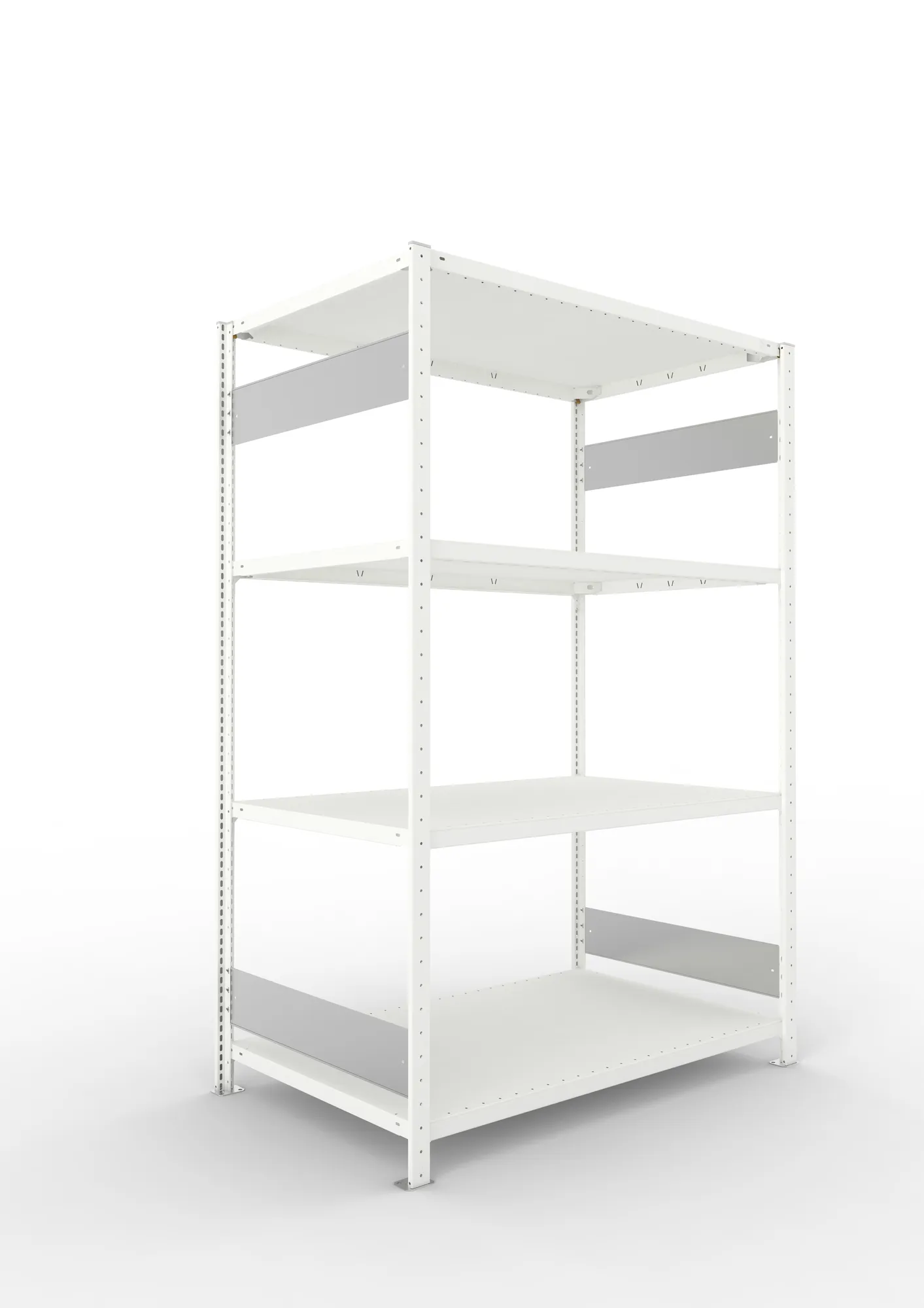 META CLIP S3, Fachbodenregal, Grundregal, 2000 x 1300 x 800 mm, Fachlast 230 kg, 4 Ebenen, Längsriegel, RAL 7035 – Ansicht in Blickhöhe