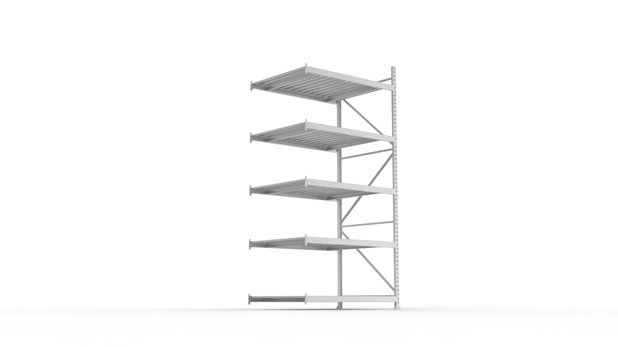 META MINI-RACK, Weitspannregal, Anbauregal, 3000 x 1400 x 1050 mm, Fachlast 600 kg, Stahlpaneelböden, 5 Ebenen – Ansicht von unten